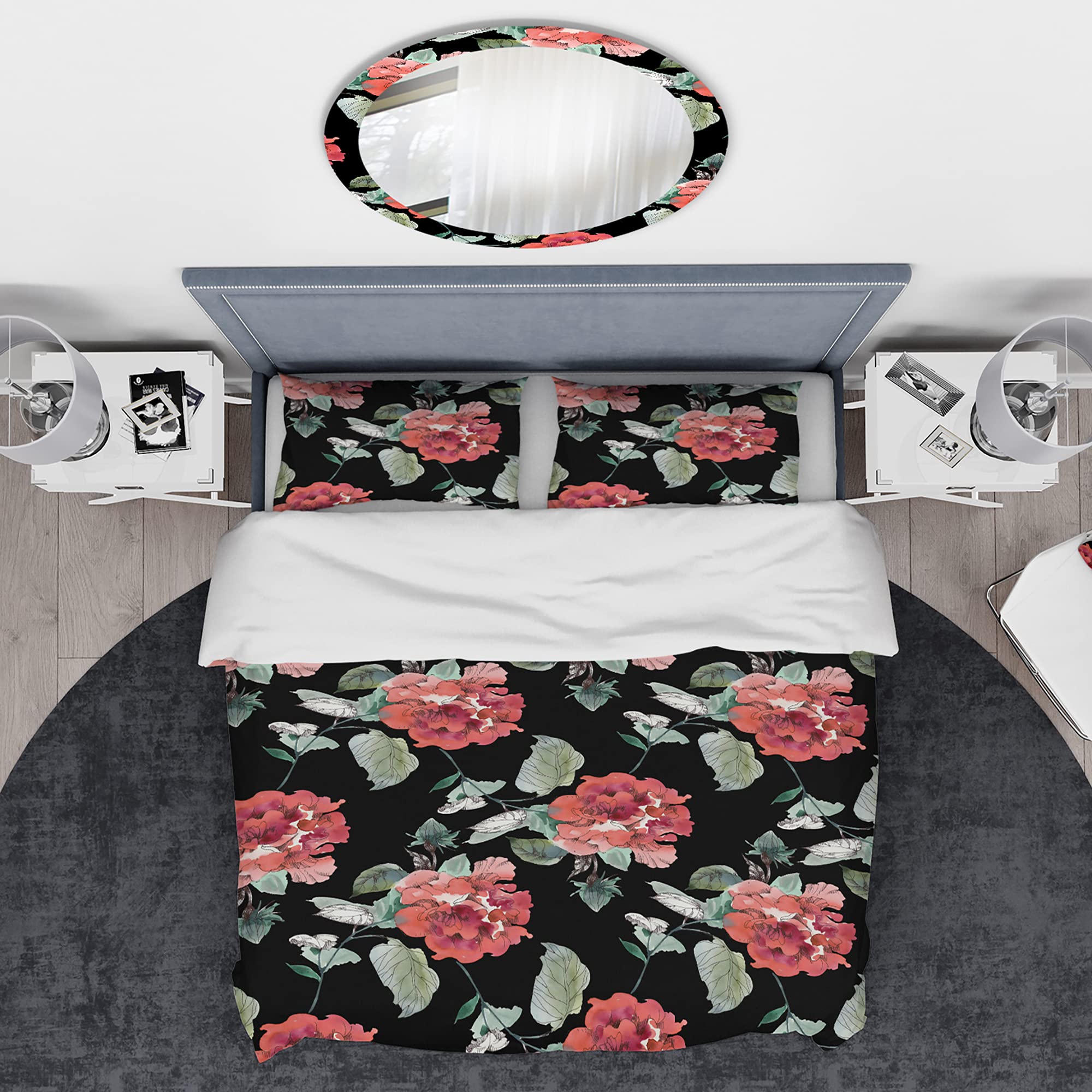 DesignQ Red Rose on Black Background Nautical & Coastal Duvet Cover Set - Twin Size Floral Bedding (3-Piece) for All Seasons | Perfect for Beach House, Guest Room & Coastal-Themed Decor
