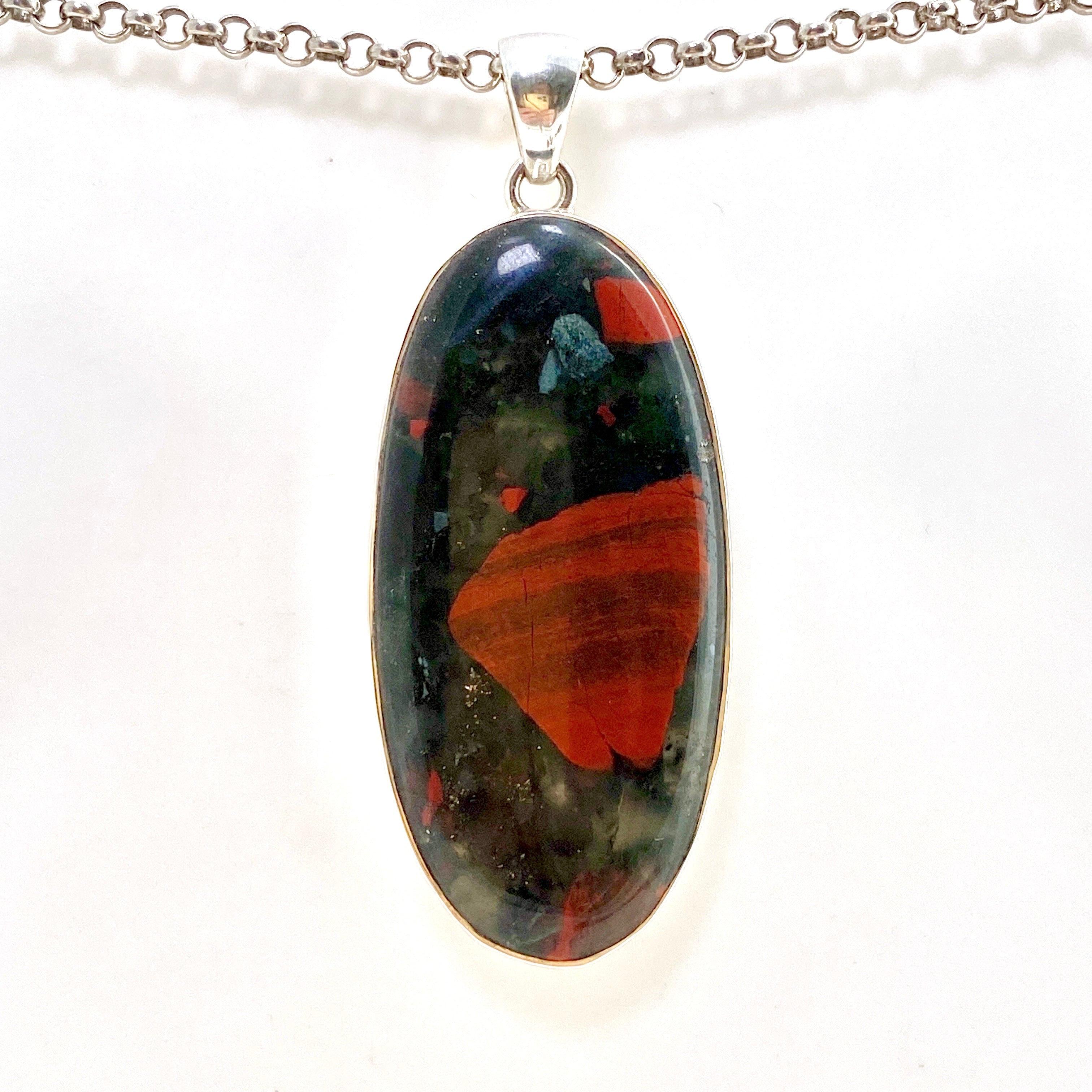 Natural Bloodstone Oval Cabochon Pendant in Handcrafted Hammered Sterling Silver Setting KPGJ4739 - Perfect for Healing Jewelry & Spiritual Gift Giving