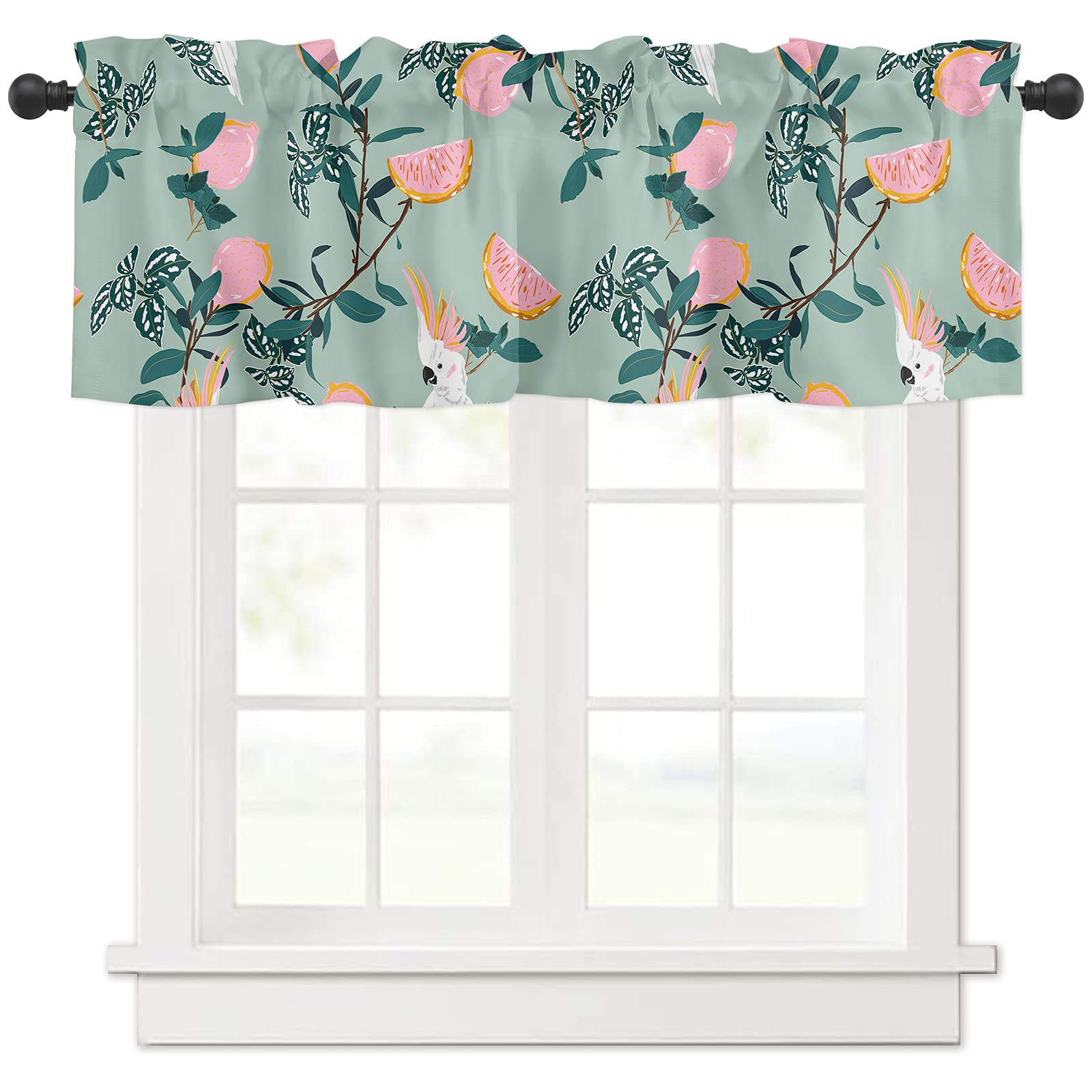 Parrot & Plant Print Rod Pocket Window Valance - 54x18 Inch Kitchen, Bathroom & Bedroom Curtain Panel - Tropical Bird Fruit Design for Home Decor | Perfect for Farmhouse, Coastal & Boho Style Rooms