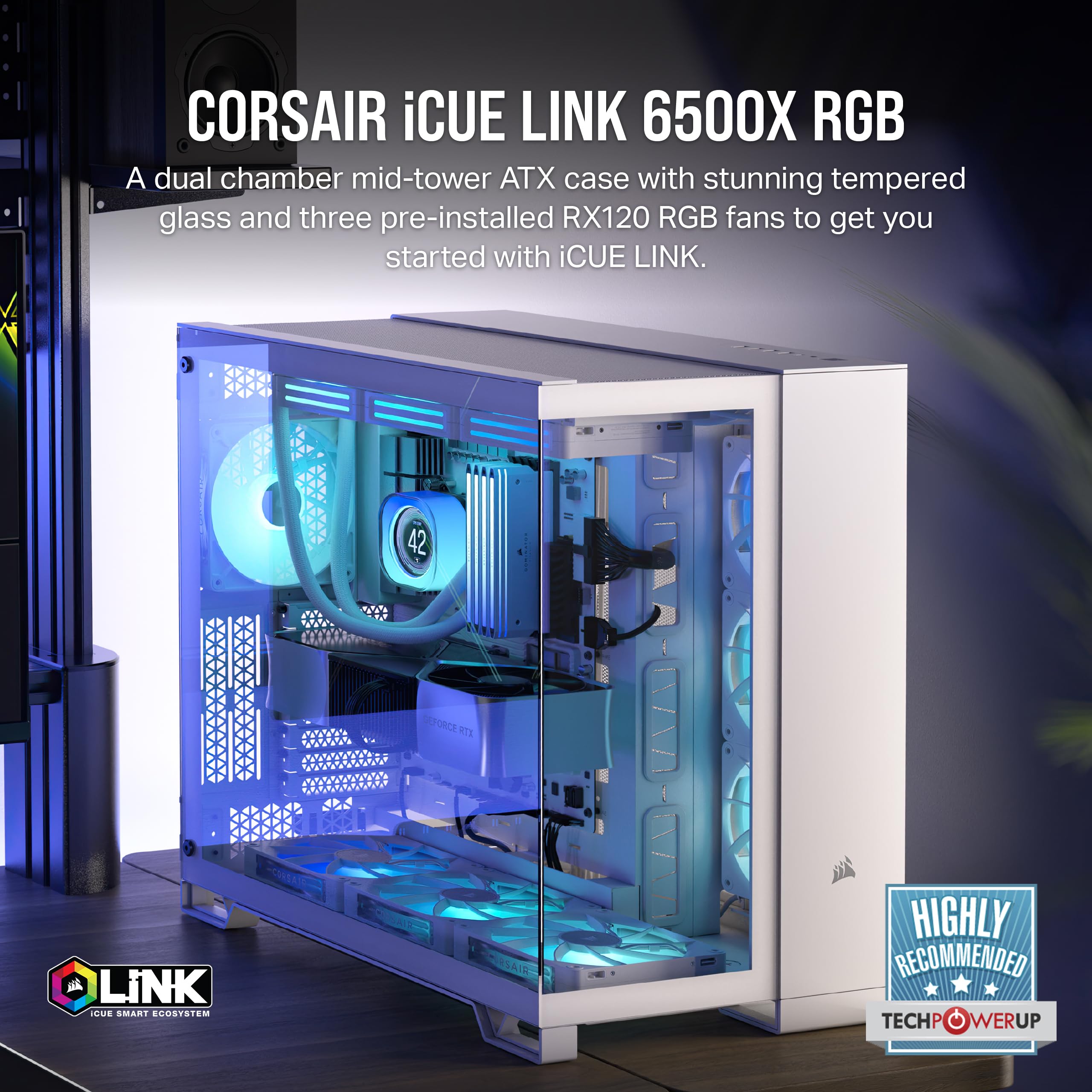 CORSAIR iCUE LINK 6500X RGB Mid-Tower ATX PC Case - White | Dual Chamber Design, Panoramic Tempered Glass | Reverse Connection Motherboard Compatible | Includes 3x RX120 RGB Fans | Perfect for Gaming PC Builds & Custom RGB Setups