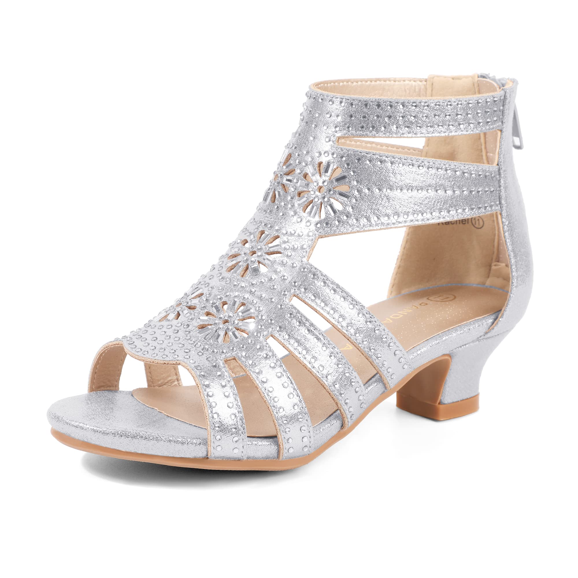 PANDANINJIA Jessie Girls Heels Dress Sandals - Open Toe Rhinestone Low Heel Flower Girl Shoes for Toddler, Little & Big Kids | Perfect for Weddings, Parties & Special Occasions