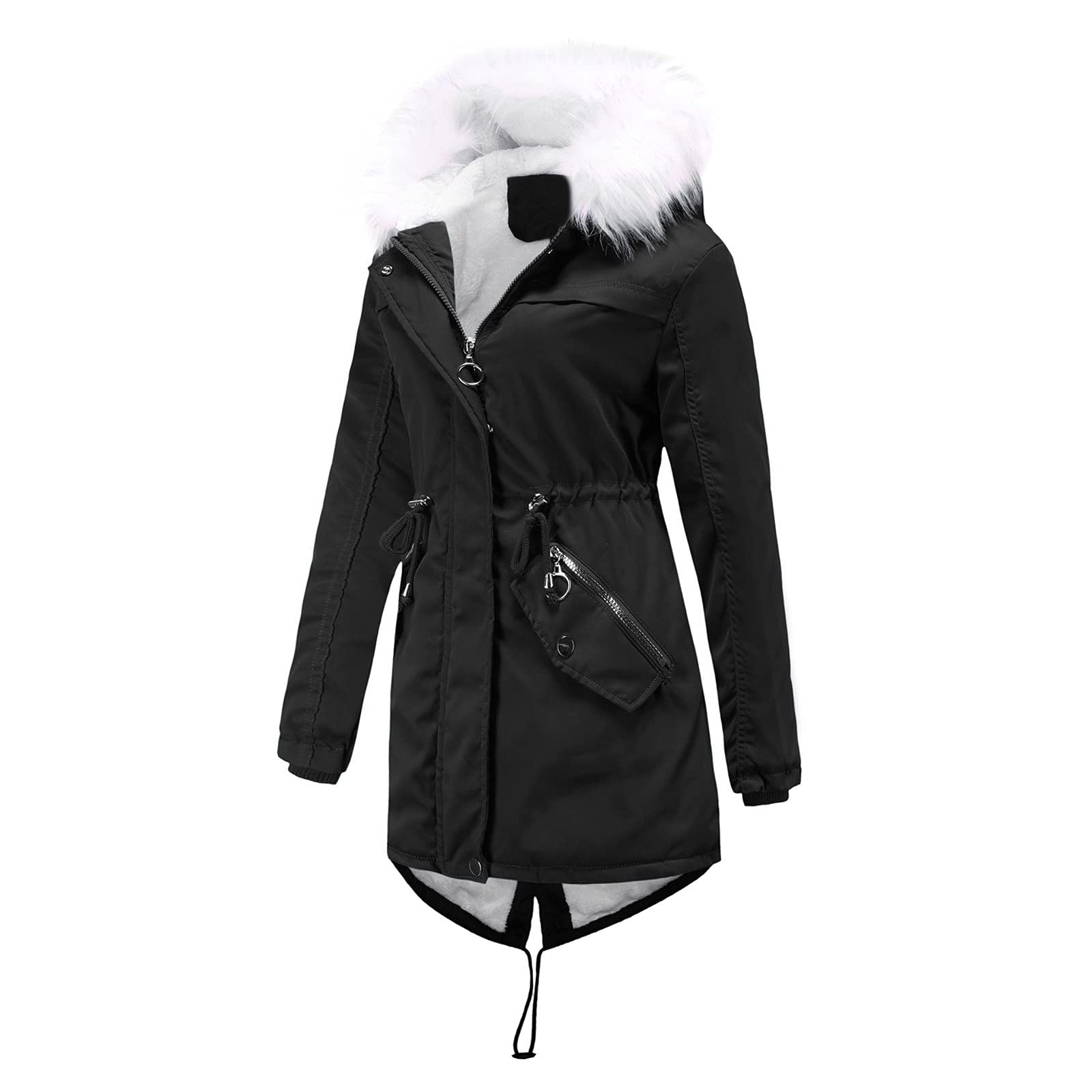 Women's Mid-Length Hooded Winter Jacket - Solid Color Fleece-Lined Warm Coat with Fur Collar | Plus Size Padded Cotton Jacket for Cold Weather & Outdoor Activities