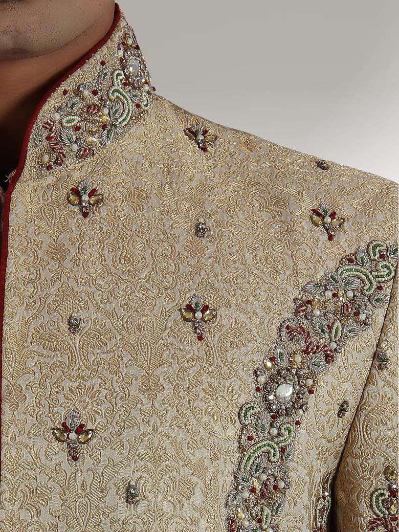 Luxury Beige Brocade Silk Sherwani for Men - Elegant Indian Wedding Attire & Formal Occasions