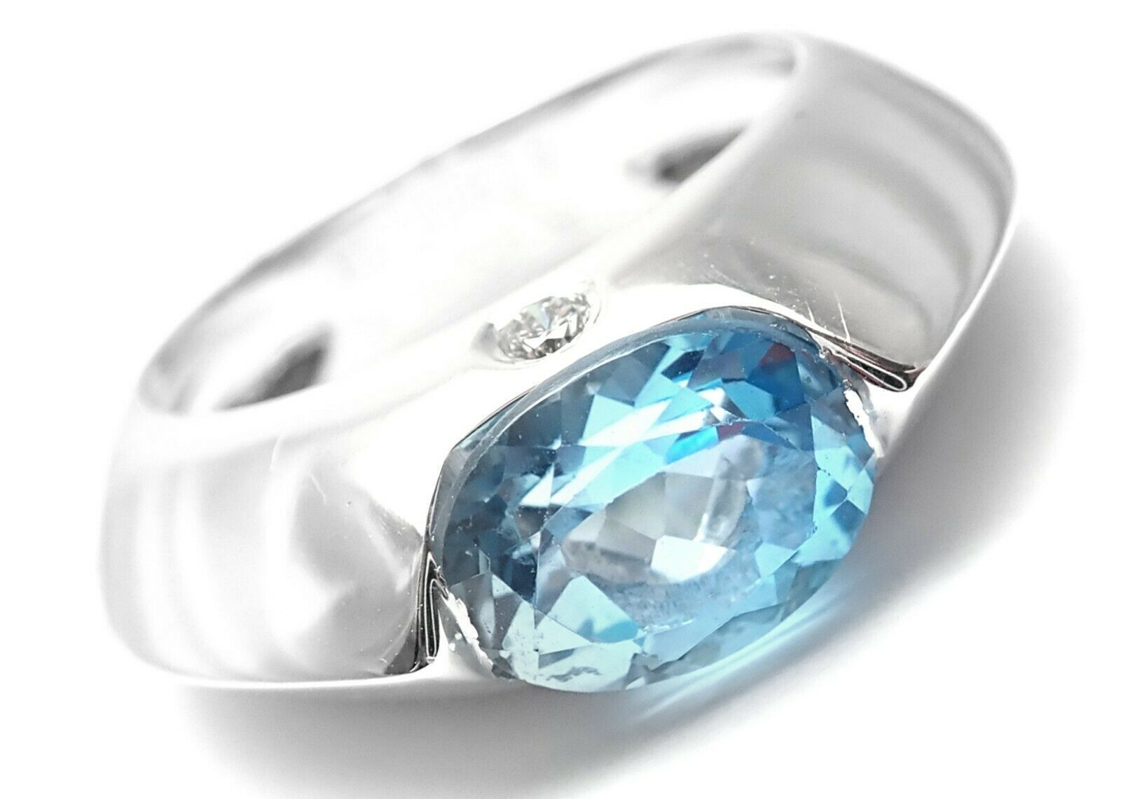 Authentic Piaget 18K White Gold Diamond & Blue Topaz Dome Ring for Women | Luxury Wedding Band, Anniversary Gift, Engagement Jewelry for Special Occasions