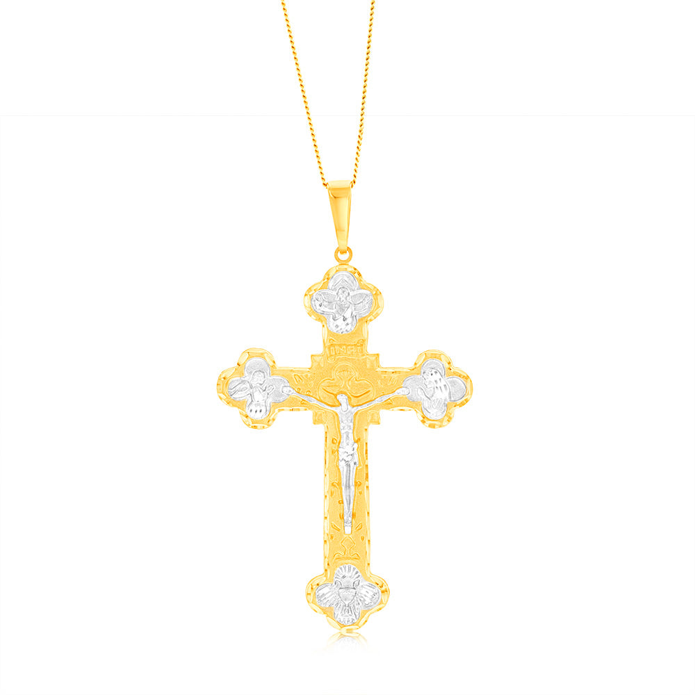 9ct Yellow & White Gold Diamond Cut Crucifix Pendant - Elegant Religious Jewelry for Gifts, Baptism & Everyday Wear