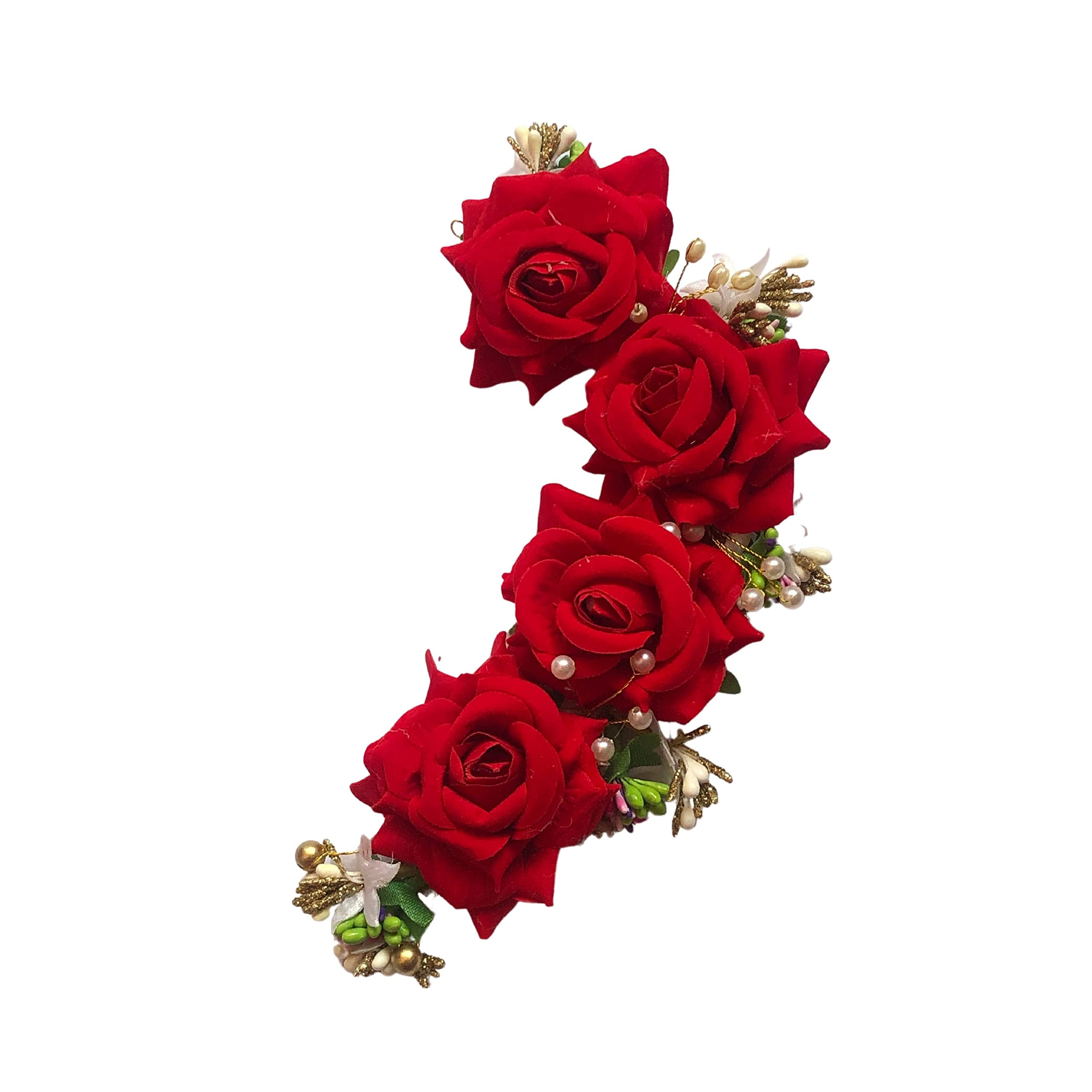 Handmade Pearl & Rose Flower Hair Bun | Bridal Hair Pin | Wedding & Bridesmaid Hair Jewelry | Artificial Gajra Veni Hair Accessory (Red) – Perfect for Weddings, Parties & Special Occasions