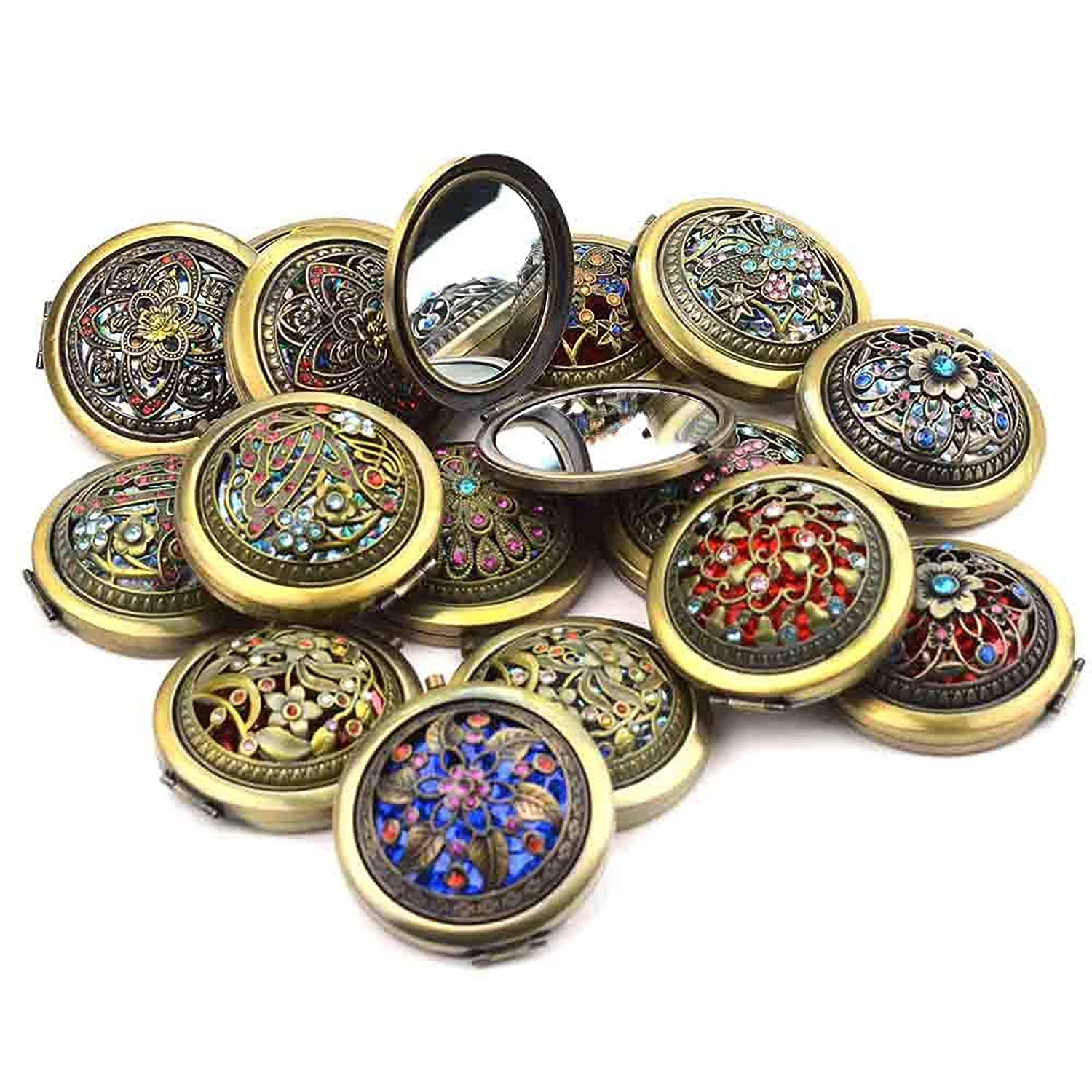 Antique Metal Double Sided Compact Mirror for Travel & Purse - Small Folding Pocket Makeup Mirror for Handbag, Cosmetic Touch Ups - Perfect for On-the-Go, Office, Travel & Daily Makeup Retouching (Random Style, Pack of 1)