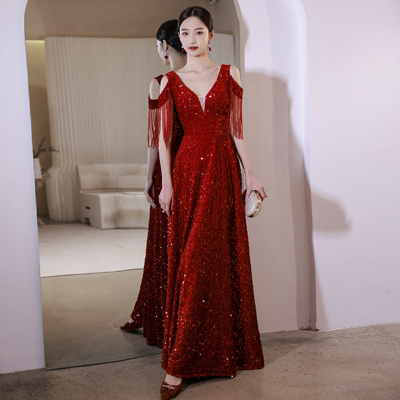 Elegant Burgundy Sequin Long Prom Dress with Tassel Details - Formal Evening Gown for Homecoming, Ball & Special Occasions