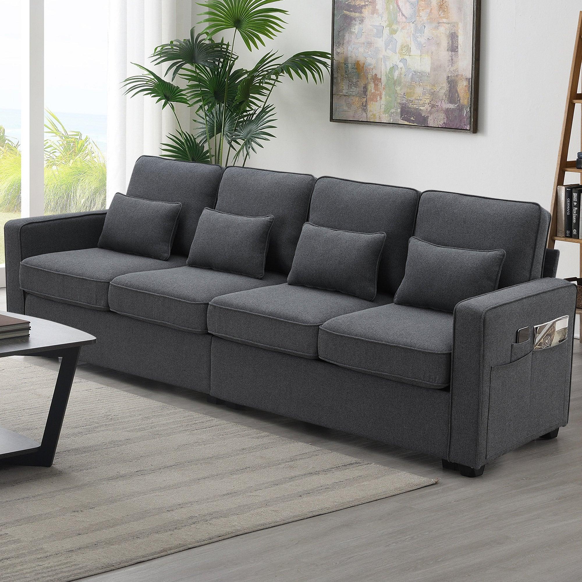 Modern 4-Seater Linen Fabric Sofa with Armrest Storage Pockets & 4 Throw Pillows - Minimalist Living Room Couch for Small Spaces, Apartments and Cozy Home Decor