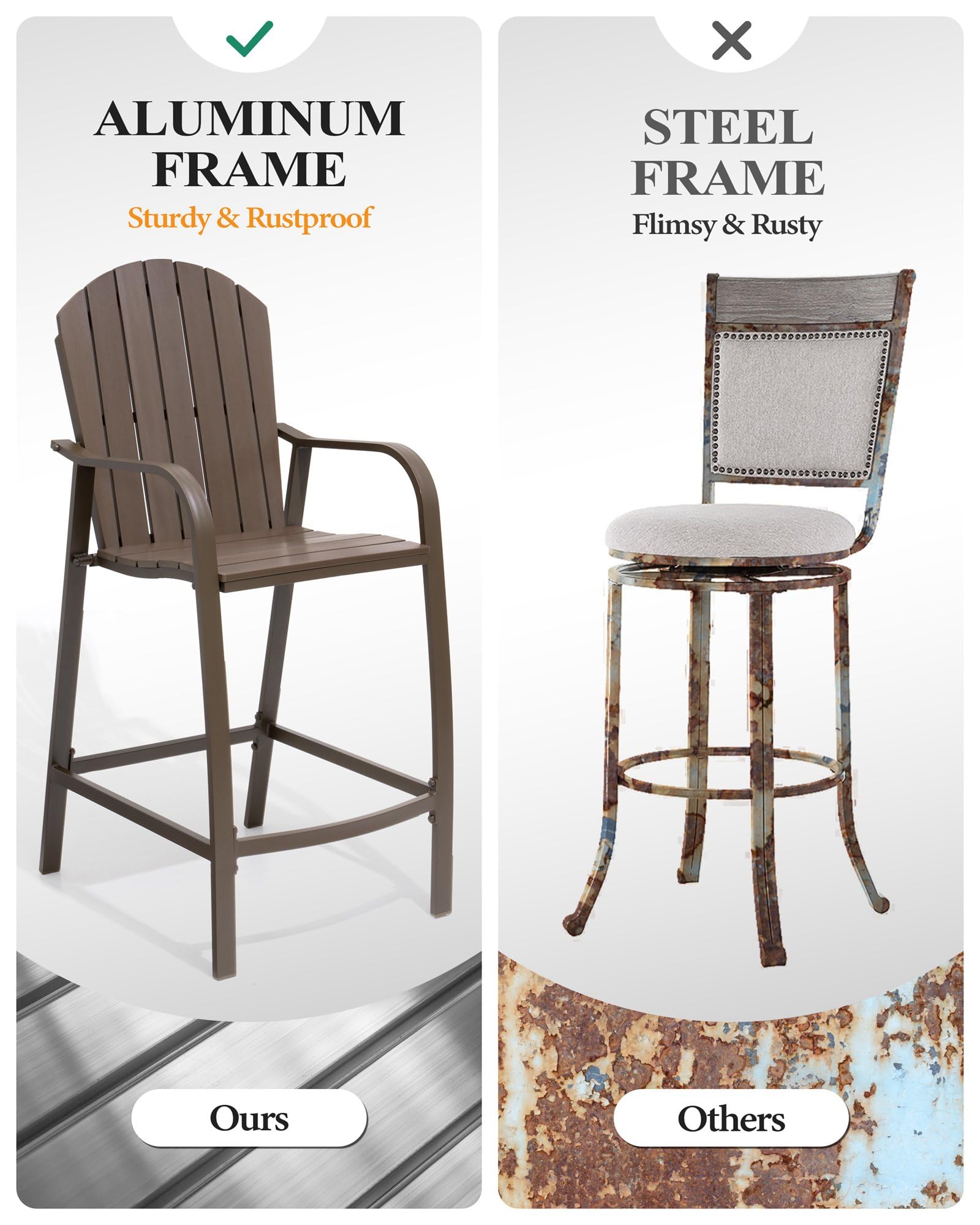 Heavy Duty All-Weather Brown Aluminum Frame Patio Bar Stools - 4-Piece Counter Height Wood Barstool Set for Indoor & Outdoor Use - Perfect for Backyard, Deck, Poolside, and Kitchen Island Seating