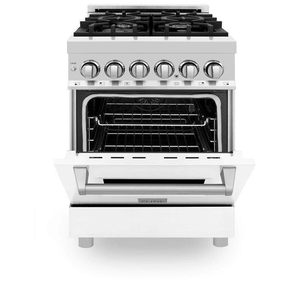 ZLINE 24-inch 2.8 cu.ft Stainless Steel Dual Fuel Range - 4 Burner Gas Cooktop & Electric Convection Oven with White Matte Door (RA WM 24) | Perfect for Modern Kitchens & Professional Cooking