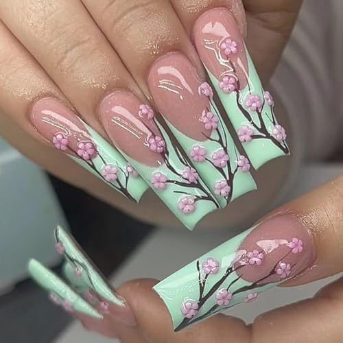 French Tips Green with 3D Flower A01