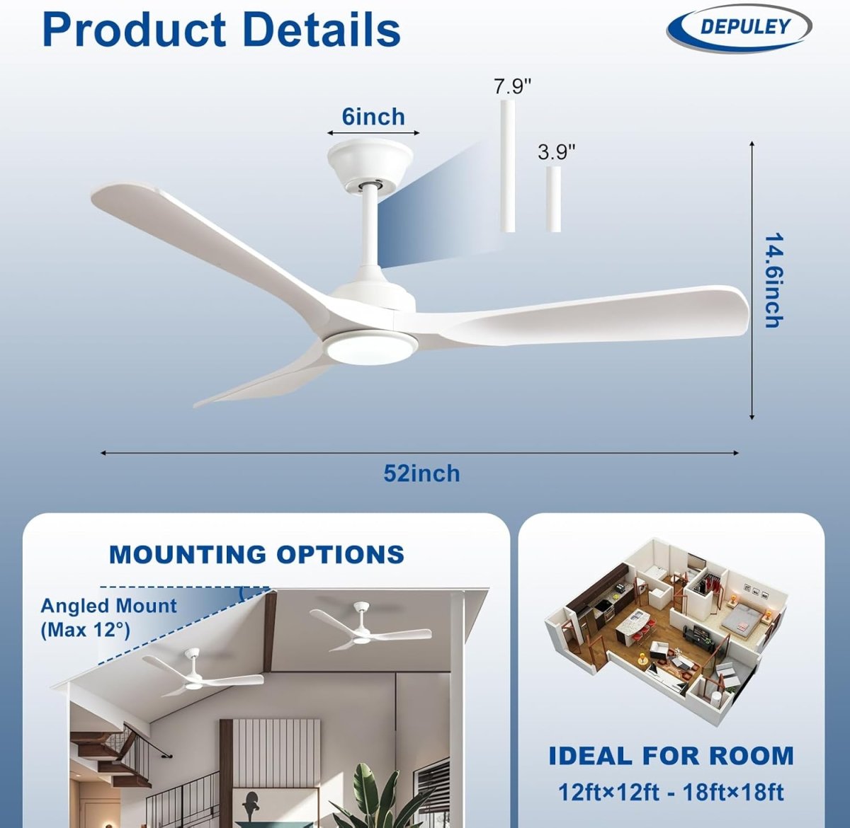Depuley 52 Inch Modern Ceiling Fan with LED Lights and Remote Control - Ultra Quiet Reversible DC Motor, 3 Color Temperature Adjustable Lighting - Perfect for Bedroom, Living Room, Study or Patio - Energy Efficient Low Profile Flush Mount Design