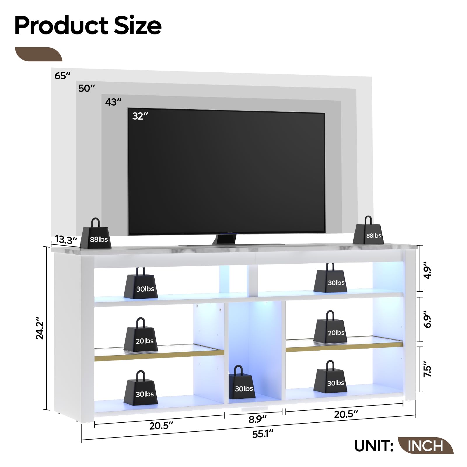 Bestier 55 inch LED TV Stand with Storage - Entertainment Center for PS4, Xbox, 60/65 inch TVs - Adjustable Shelf Media Console - White Marble TV Cabinet for Living Room, Bedroom & Game Room