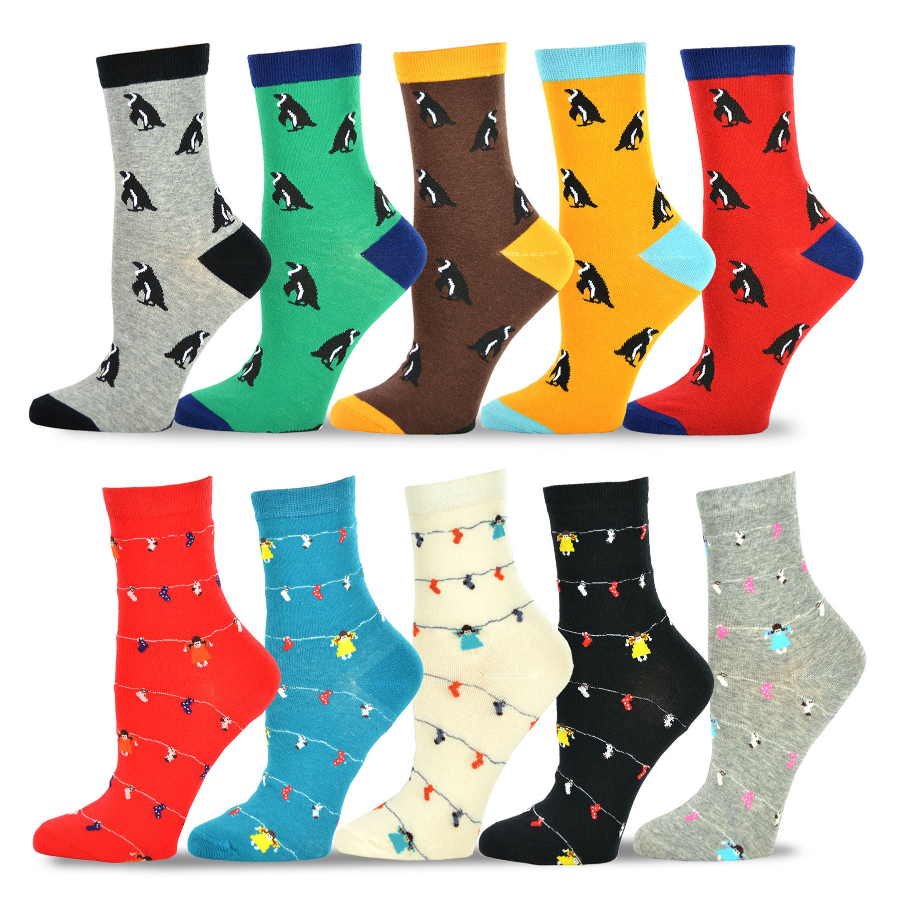 Women's 10-Pack Soft Cotton Crew Socks with Cute Penguin Design - Comfortable Everyday Socks for Work, School & Home Wear