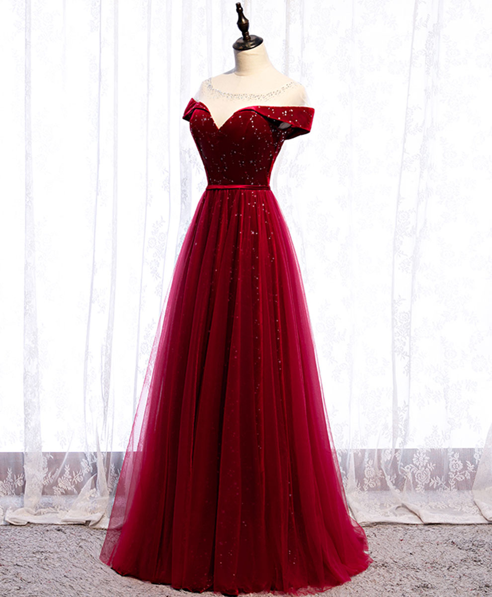 Elegant Burgundy Round Neck Tulle Sequin Long Prom Dress for Formal Evening Gala & Special Occasions