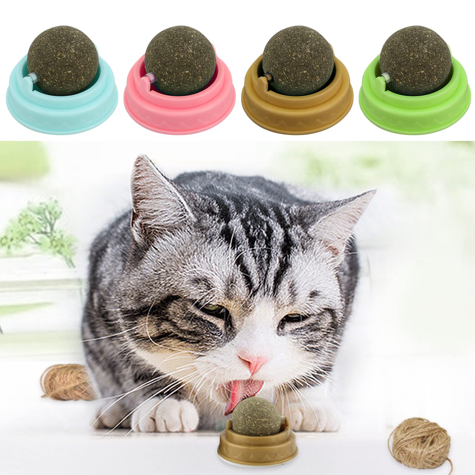 Dacitiery 4PCS Catnip Balls Toy for Cats - Rotatable Edible Interactive Cat Toy with Self-Adhesive Catnip Teeth Cleaning Licking Balls for Kittens | Fun Indoor Play, Stress Relief & Dental Care for Adult Cats & Kittens