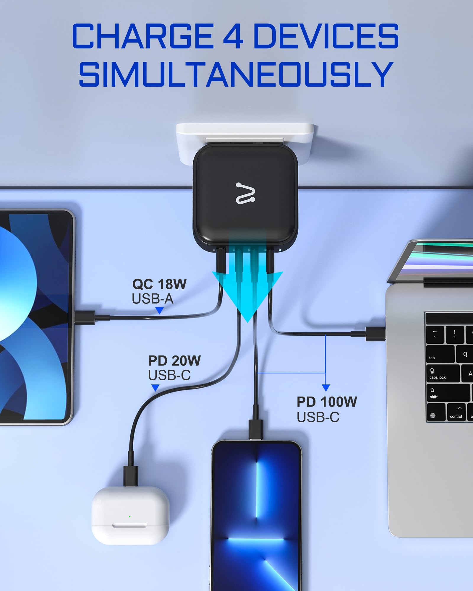 100W GaN Fast Charger with 4 Ports - USB C PD 100W Wall Charger Adapter, Compact Foldable Design for MacBook Pro/Air, iPad Pro, iPhone 15, Galaxy S23 - Perfect for Travel, Office & Home Charging Needs