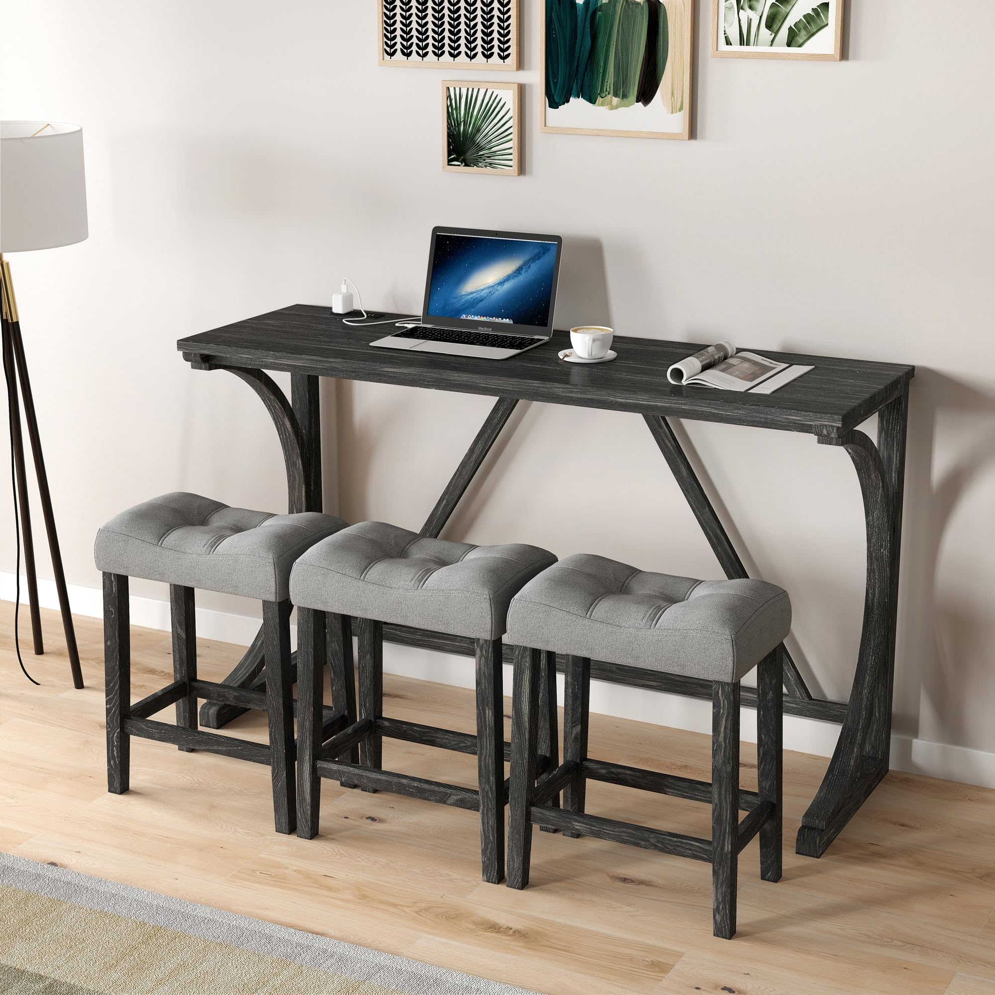 Knocbel Industrial 3-Person Counter Height Bar Table Set with Built-in Power Outlet - 4-Piece Dinette Set with Padded Seat Stools - Compact Space Saving Pub Bistro Dining Furniture for Apartments, Condos & Small Homes (Black) - Perfect for Breakfast Nooks, Kitchen Islands & Entertaining Guests