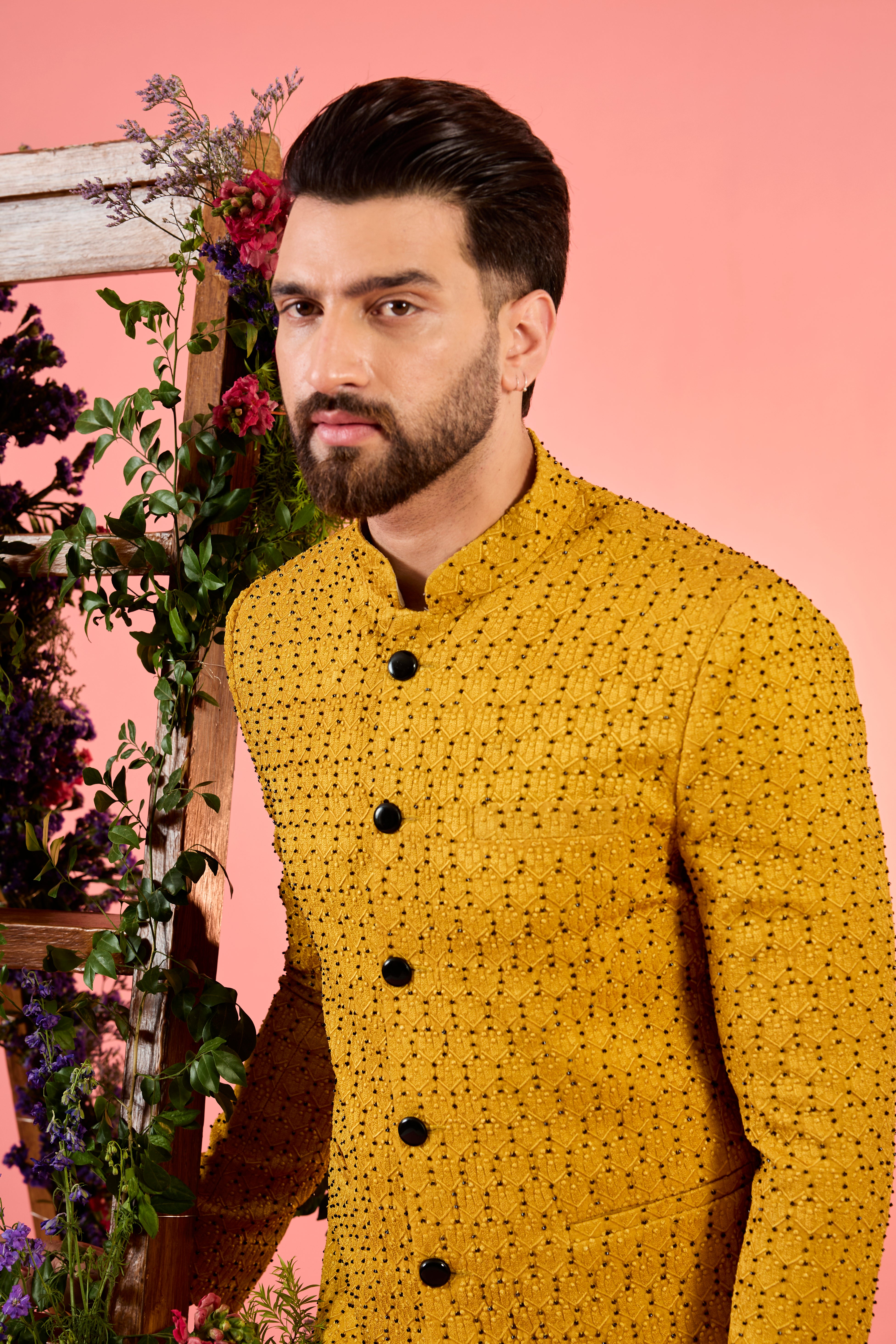 Exquisite Mustard Bandhgala Suit with Intricate Cut Dana & Thread Work - Perfect for Weddings, Festivals & Special Occasions