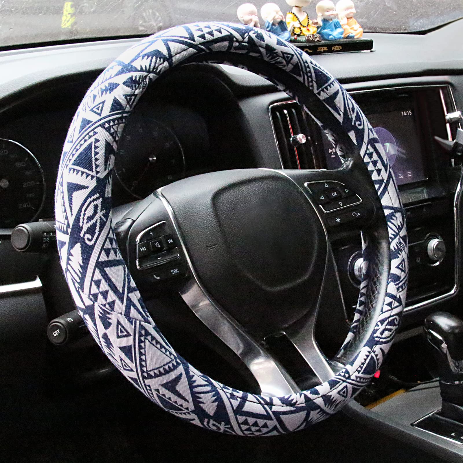 AOTOMIO 15 Inch Universal Steering Wheel Cover - Navy Blue & White Ethnic Style Coarse Flax Cloth for Protection & Grip | Perfect for Cars, Trucks, SUVs & Long Road Trips