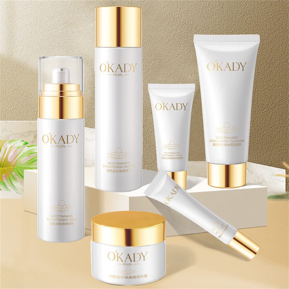 Niacinamide Pearl Face Care Set 6Pcs - Cleanser, Toner, Lotion & Cream for Whitening, Anti-Wrinkle & Pore Minimizing | Hydrating & Firming Skincare Routine for Radiant, Youthful Skin | Perfect for Daily Use & Nighttime Skincare Regimen