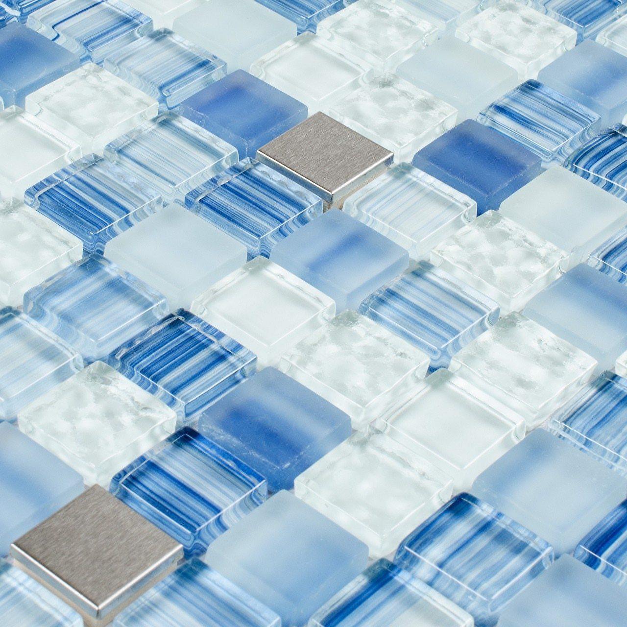 Blue Glass Mosaic Tile with Stainless Steel Blend - Perfect for Kitchen Backsplash, Bathroom Walls & DIY Home Decor Projects