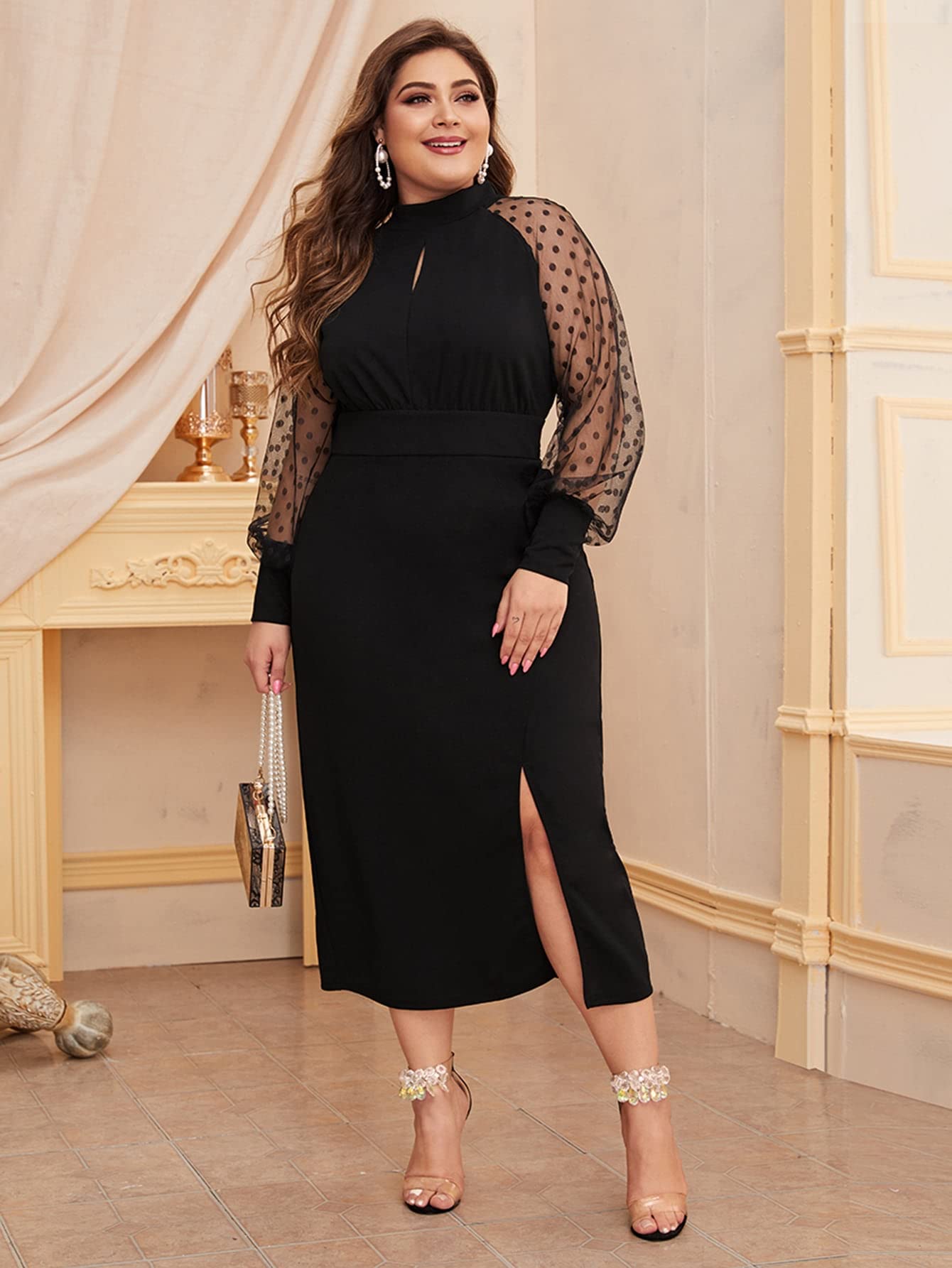 Plus Size Elegant Long Sleeve Dobby Mesh Dress for Women - Black X-Large with Split Hem & Peekaboo Detail | Perfect for Office Wear, Evening Parties & Special Occasions