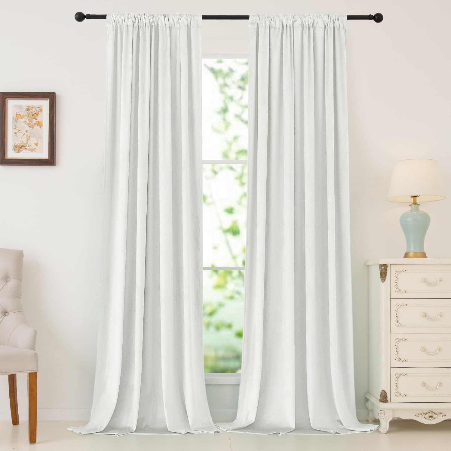 Nanbowang Bleach White Velvet Curtains - 120 Inch Long Soft Thermal Insulated Rod Pocket Curtains for Bedroom, Light Filtering Window Treatment (Set of 2 Panels) - Perfect for Home Decor, Living Room & Nursery Blackout Needs