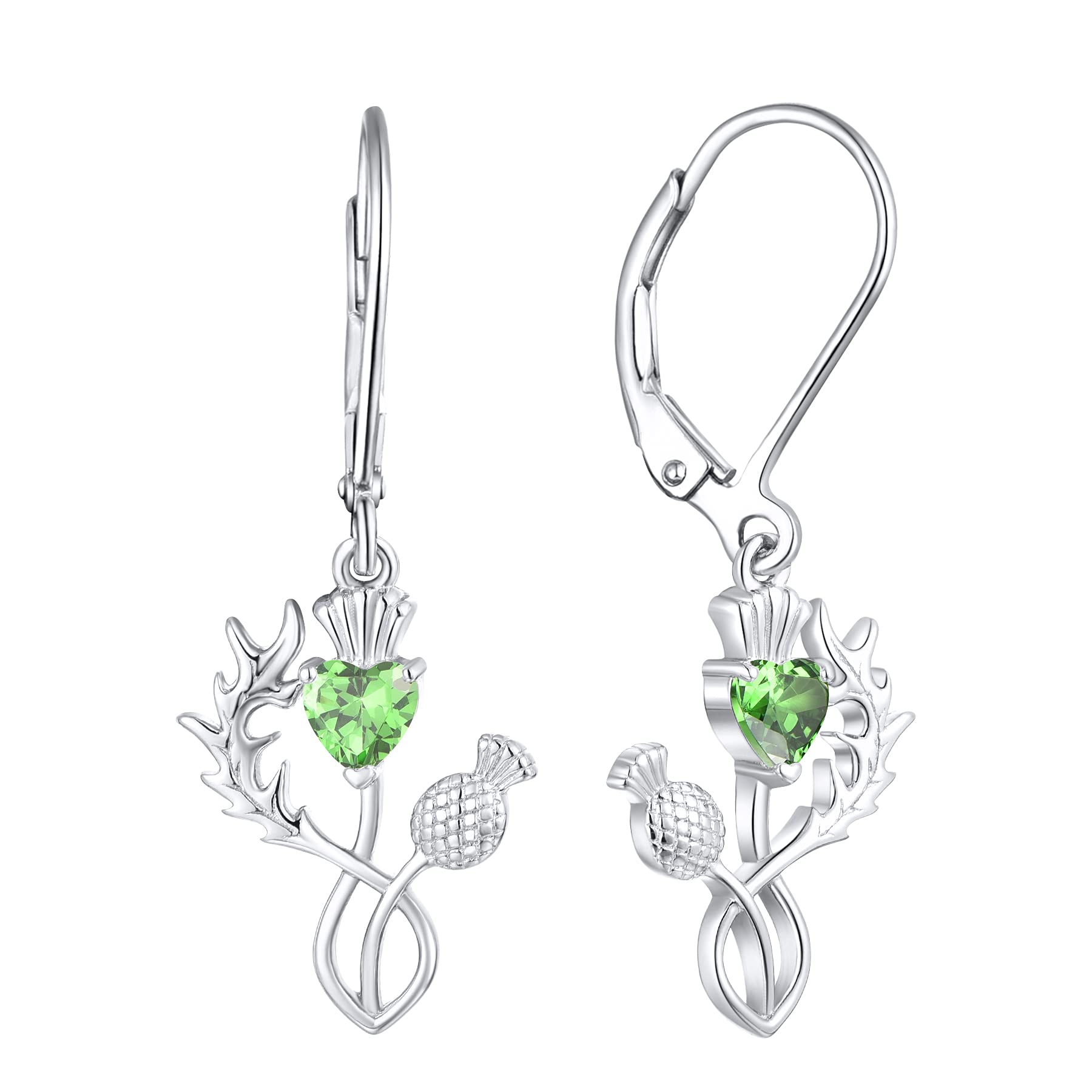 JO WISDOM Scottish Thistle Earrings - 925 Sterling Silver Scotland Flower Heart Outlander Drop Dangle Earrings with 3A CZ Birthstone - Women's Celtic Jewelry for Everyday Wear, Gift & Special Occasions