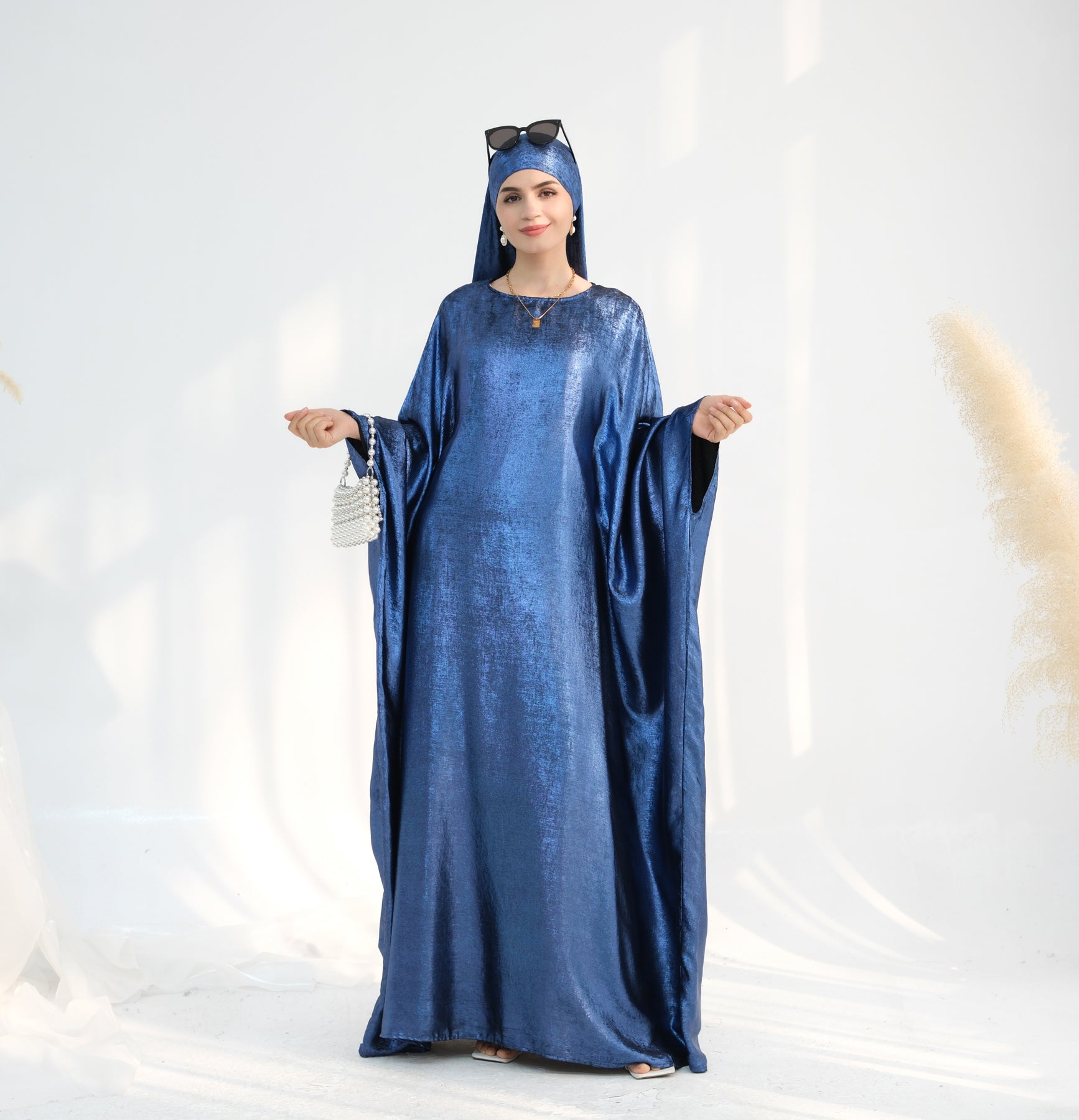Linora Shimmer Butterfly Abaya Dress for Women - Elegant Blue Islamic Prayer Gown for Mosque, Eid, and Special Occasions