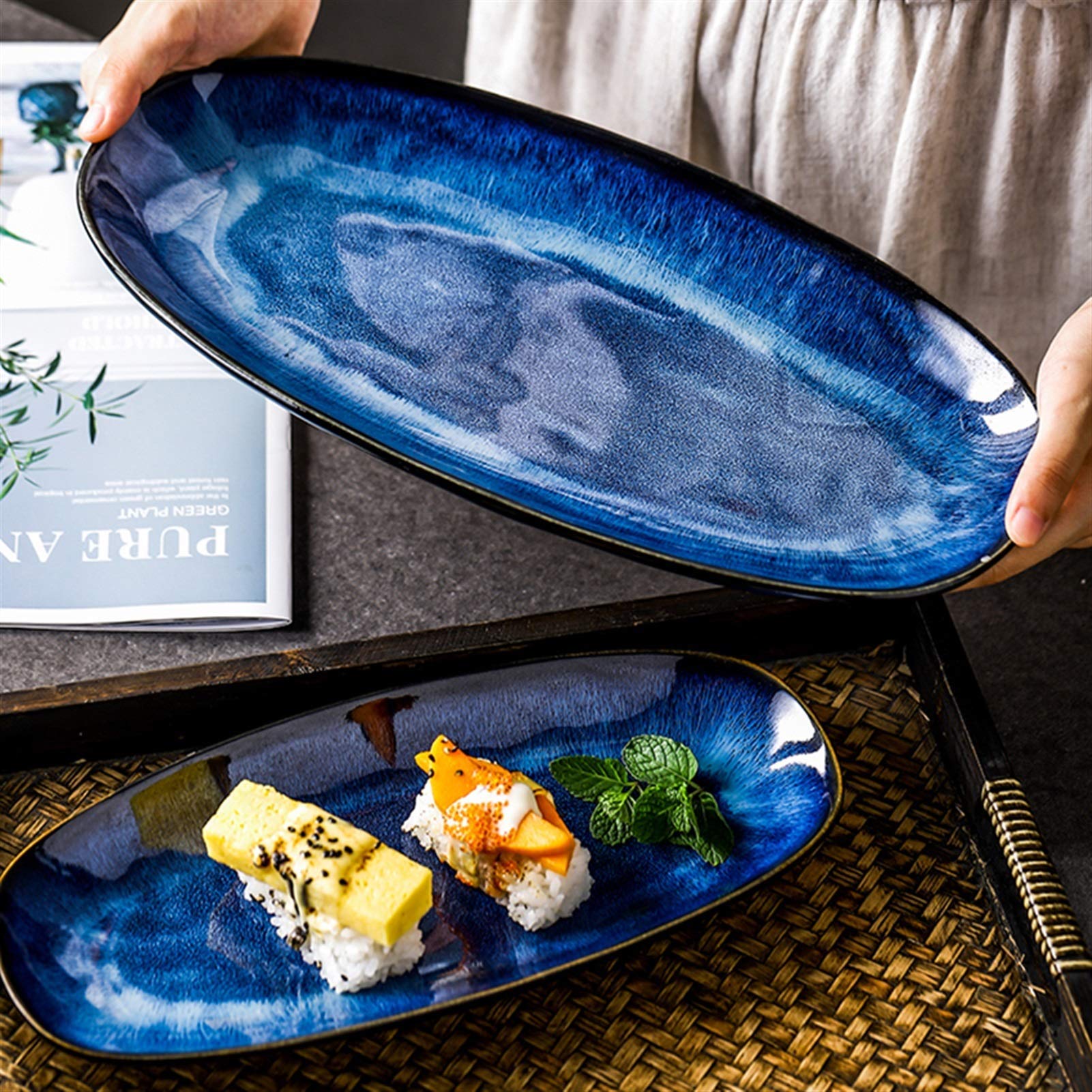 Blue Porcelain Oval Dinner Plates - Elegant Serving Platters for Meat, Appetizers & Desserts | Perfect for Fish Dishes, Dinner Parties & Home Decor