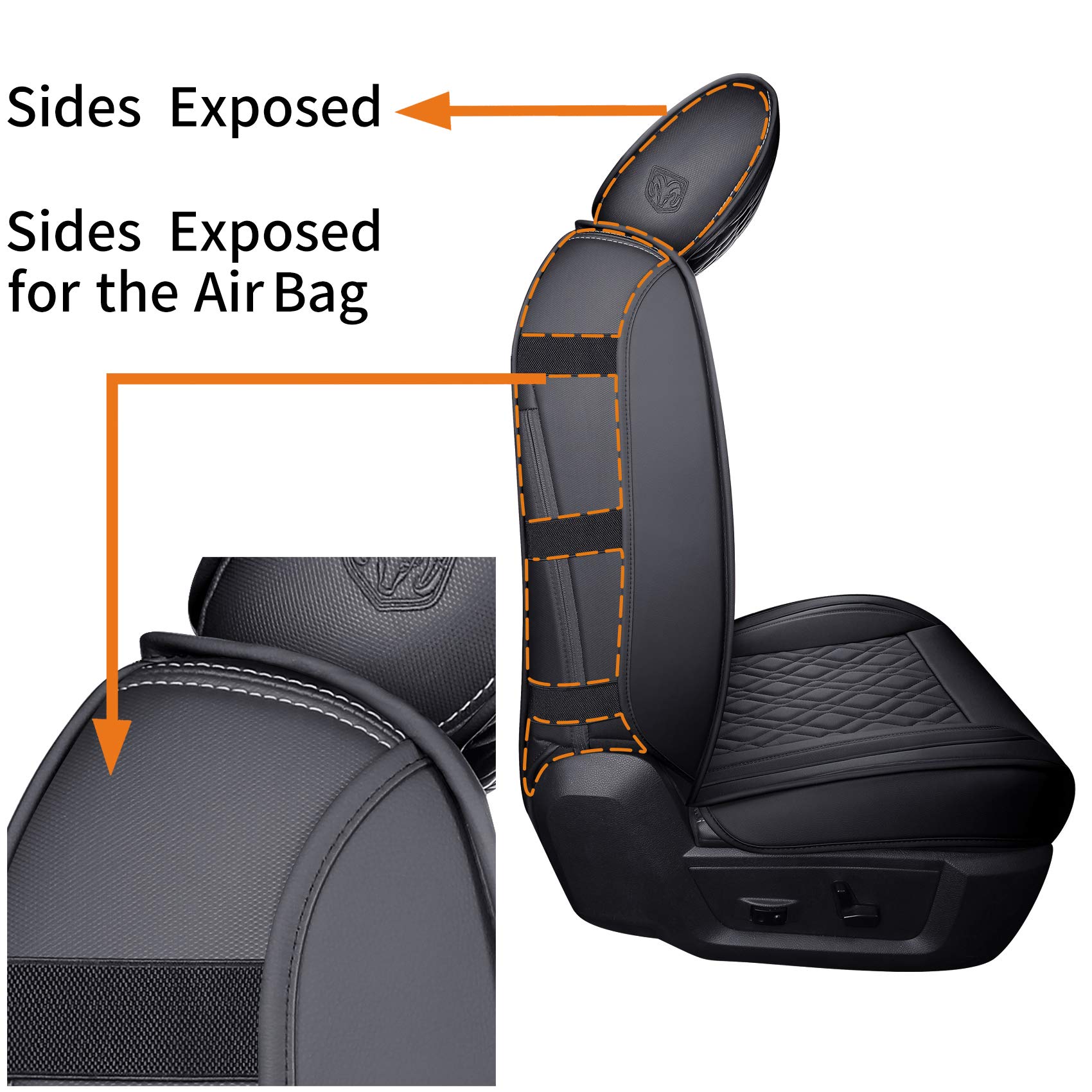 Premium Dodge Ram Seat Covers Full Set - Custom Fit for 2009-2025 Ram 1500/2500/3500 Pickup Trucks - Waterproof Leather Cushions for Crew/Double/Quad Cab (Black) - Perfect for Road Trips, Off-Road Adventures & Daily Commutes