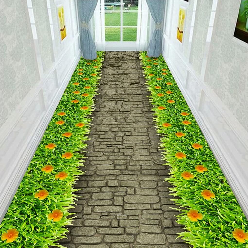 Grass Green Floral Runner Rug - Non-Slip Washable Long Area Carpet for Kitchen, Laundry Room, Hallway, Bedside | Indoor Home Office Floor Mat & Bathroom Doormat (3x12 ft) - Perfect for High Traffic Areas & Cozy Home Decor