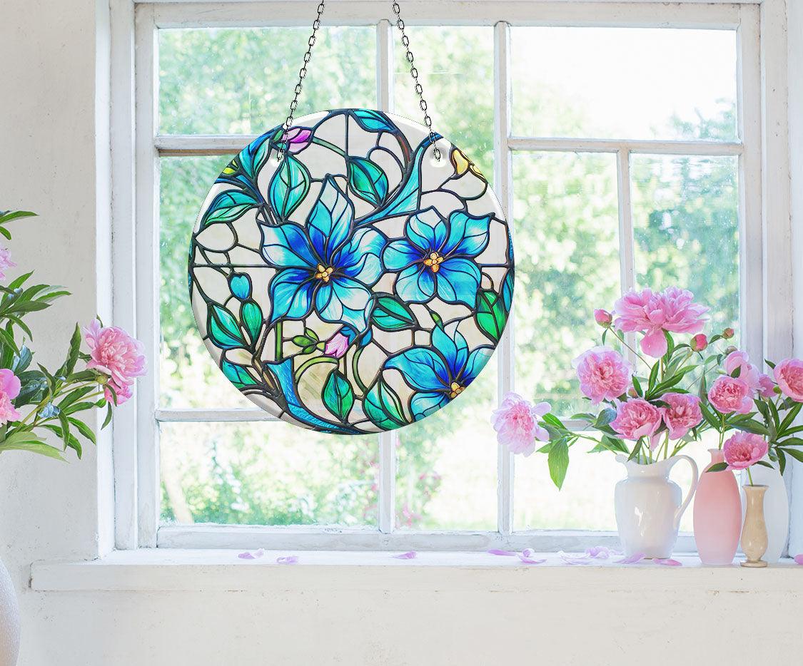 Blue Flowers Suncatcher Window Decor - Handmade Stained Glass Sun Catcher for Home, Garden & Office - Perfect Gift for Housewarming, Birthday & Mother's Day