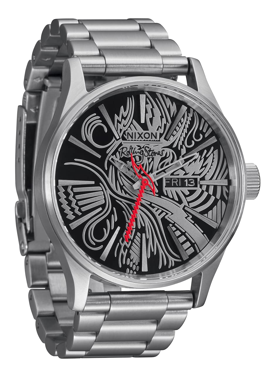 NIXON x Rolling Stones Sentry Stainless Steel A1353 Men's Watch - 42mm Analog Dial, 23-20mm Stainless Steel Band, 100m Water Resistant (Red) - Perfect for Casual Wear, Outdoor Adventures & Collector's Item