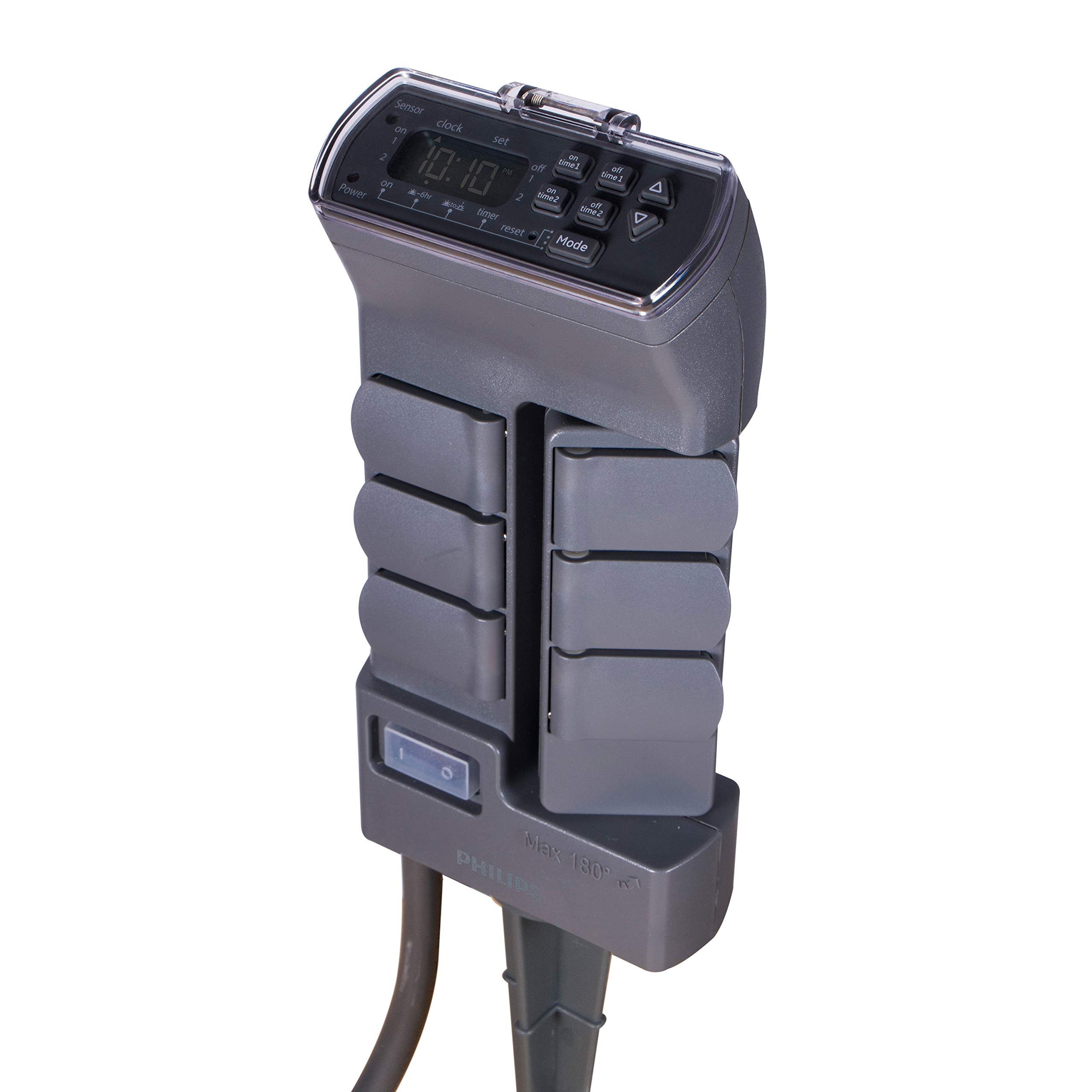 Philips Outdoor Digital Stake Timer with 6 Grounded Outlets - Light Sensing Power Timer for Gardens & Landscaping - Custom ON/OFF Settings, Weatherproof & Rotating Design - Perfect for Holiday Lights, Fountain Pumps & Outdoor Decor (Green, Model SPC1236AT/27)