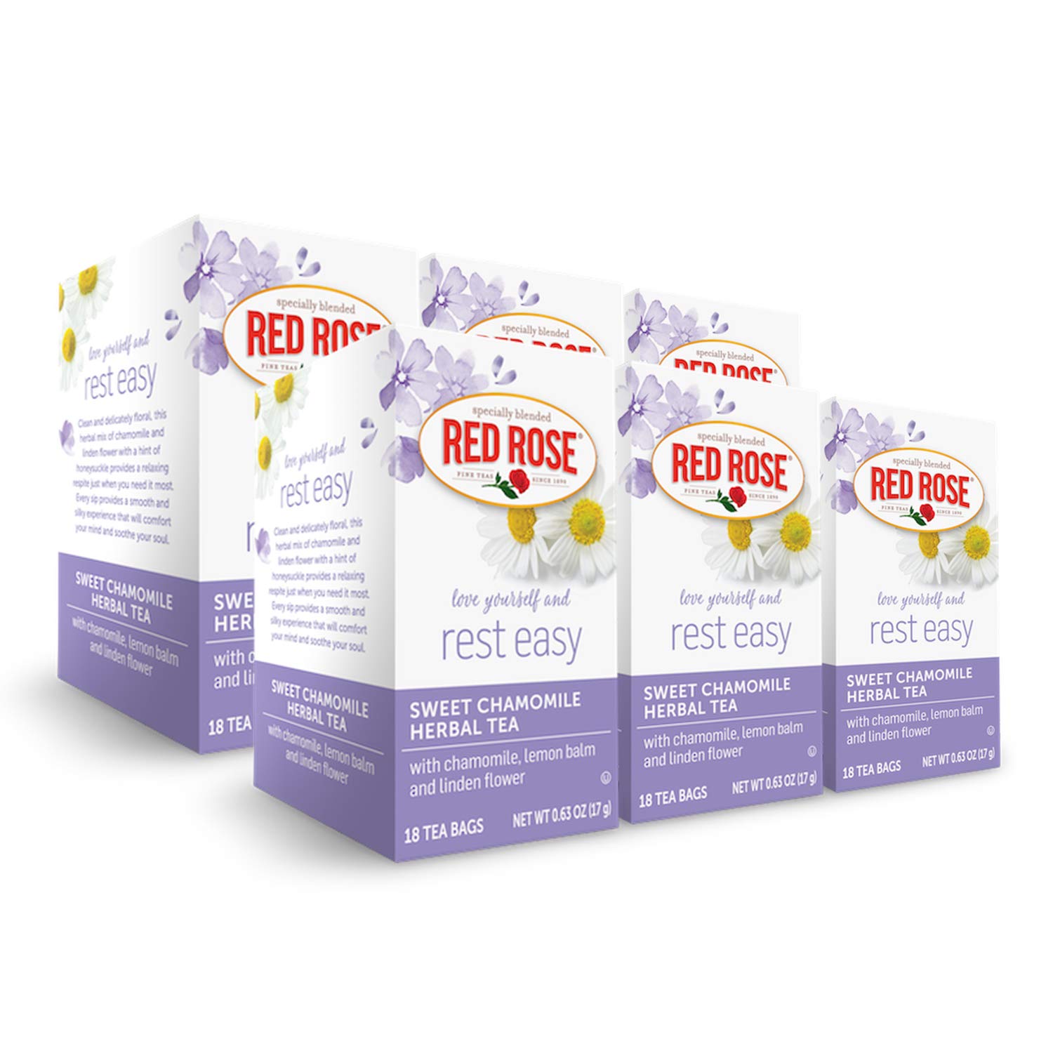 Organic Red Rose & Chamomile Herbal Tea - Caffeine Free, Supports Digestion - 18 Individually Wrapped Tea Bags (Pack of 6) - Perfect for Relaxation, Stress Relief & After-Meal Wellness