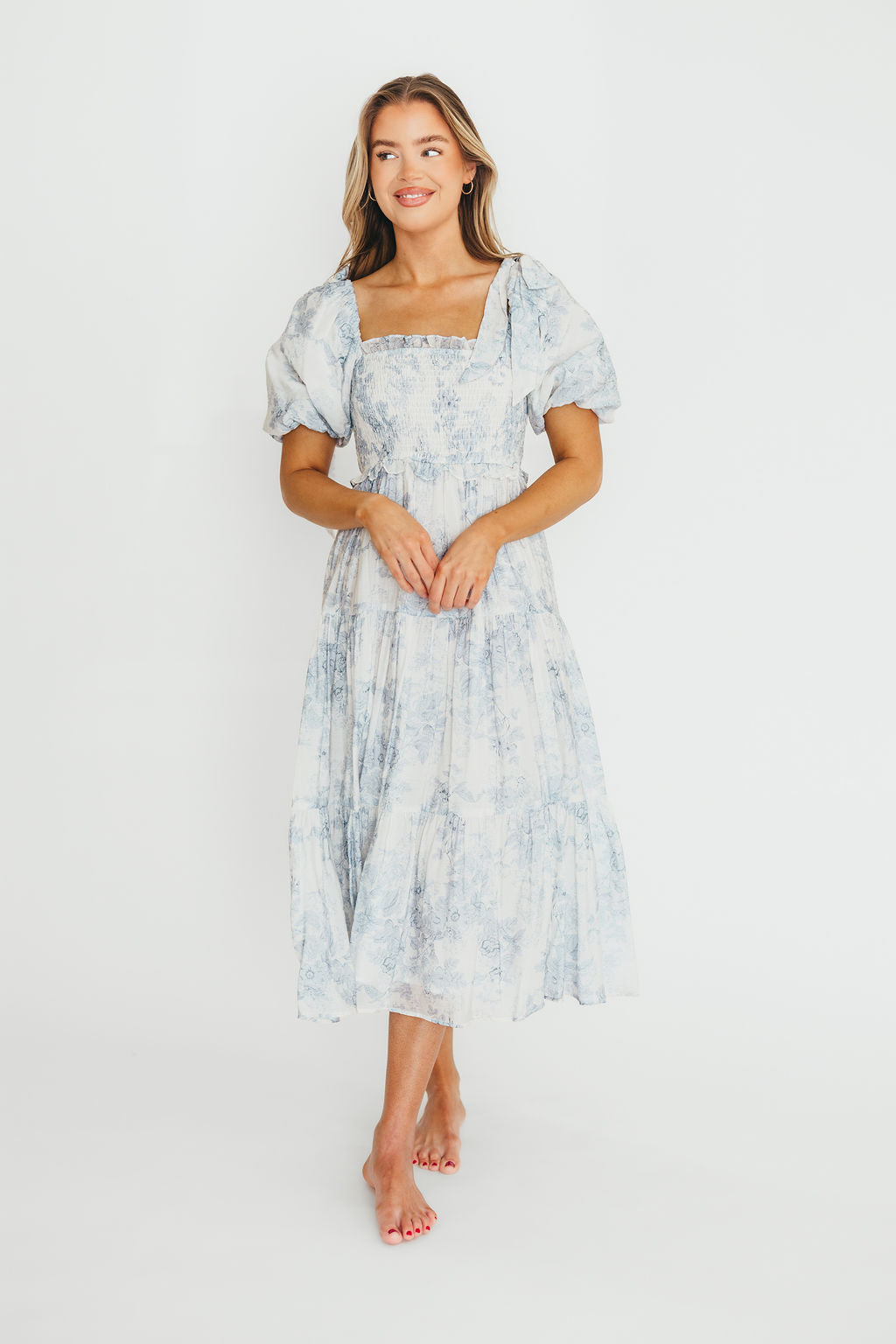 Elena Floral Print Smocked Midi Dress in Blue - Bump Friendly Maternity Dress & Inclusive Sizing for Women - Perfect for Baby Showers, Bridal Events & Summer Weddings
