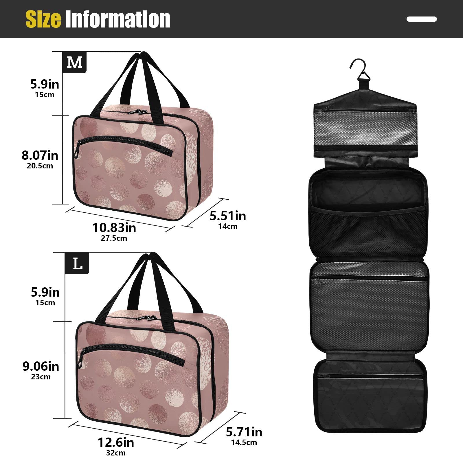 Rose Gold Polka Dots Travel Toiletry Bag - Large Cosmetic Organizer with Hanging Hook for Women | Perfect for Travel & Gym