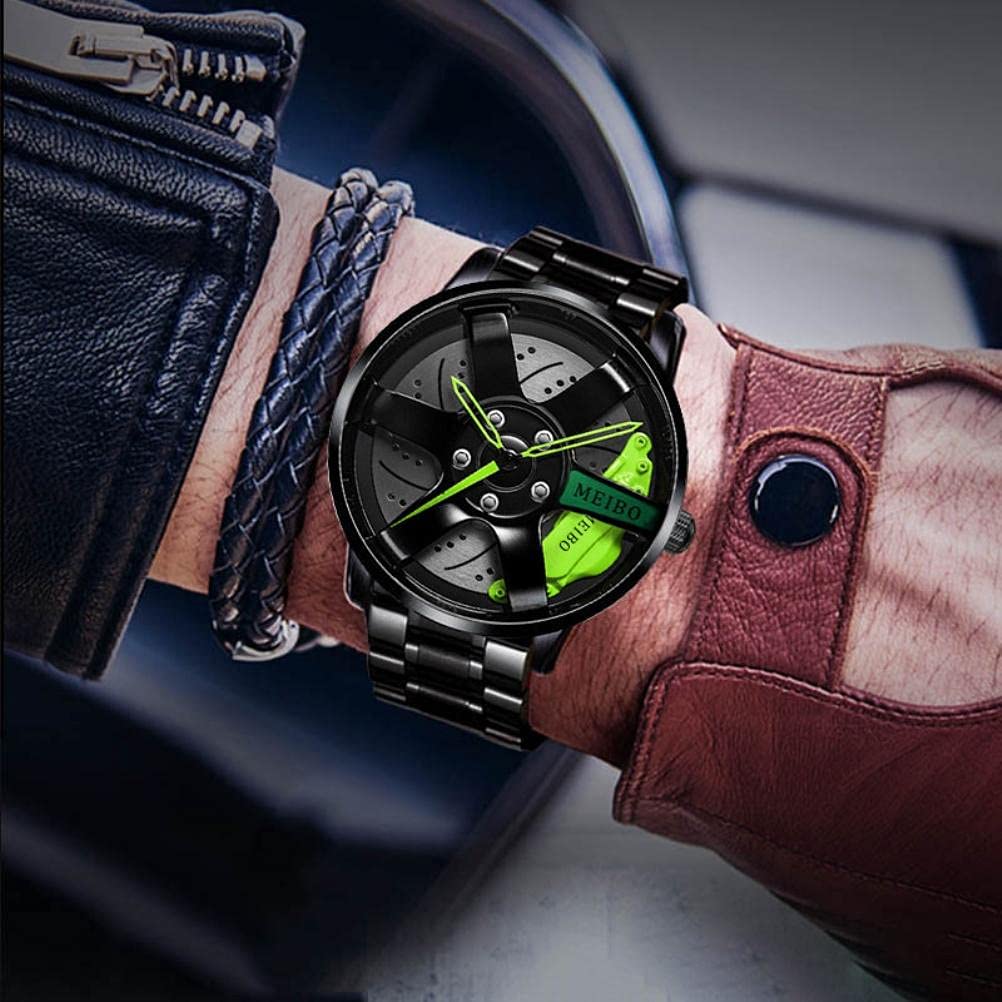 Men's Sports Watch - 3D Hollow Car Wheel Design Stainless Steel Wristwatch (Green) | Waterproof Digital Chronograph for Running, Driving & Outdoor Activities