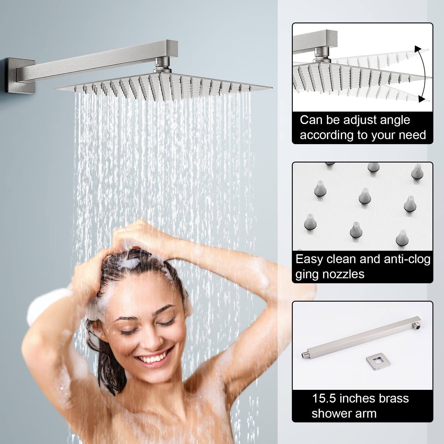 Premium Rainfall Shower System - 12 Inch Rain Shower Head & Handheld Square Shower Combo, Brushed Nickel Wall Mount Faucet with Pressure Balance Valve for Luxurious Spa-Like Bathroom Experience