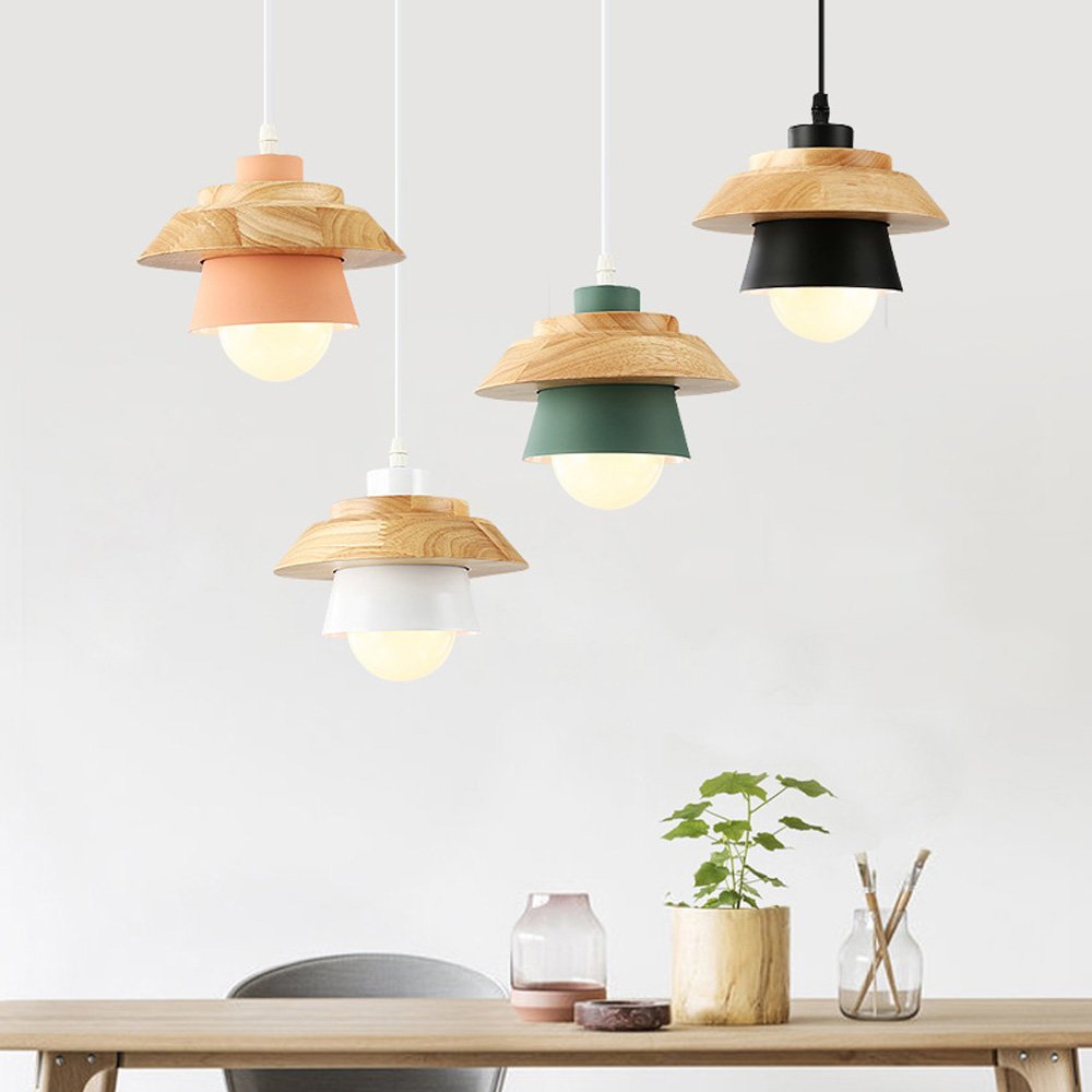 Modern Nordic Iron & Wood Chandelier - Single Head LED Pendant Light in Black, White, Pink, Green - Minimalist Ceiling Lamp for Bedroom, Restaurant & Living Room Decor (White)