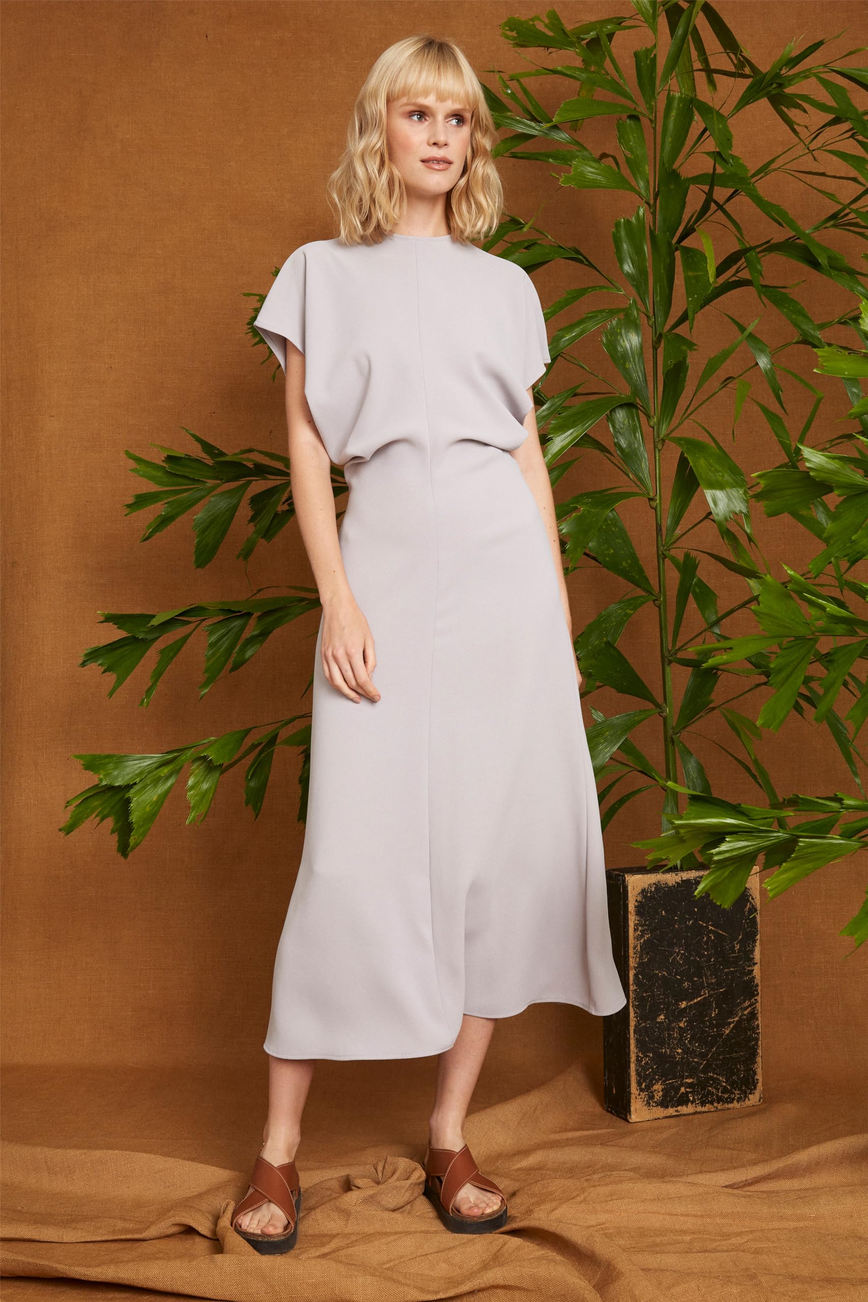 Eco-Friendly Recycled Fiber Fabric Women's Crew Neck Short Sleeve Midi Blouson Dress - Perfect for Casual Wear, Office Outfits & Summer Fashion