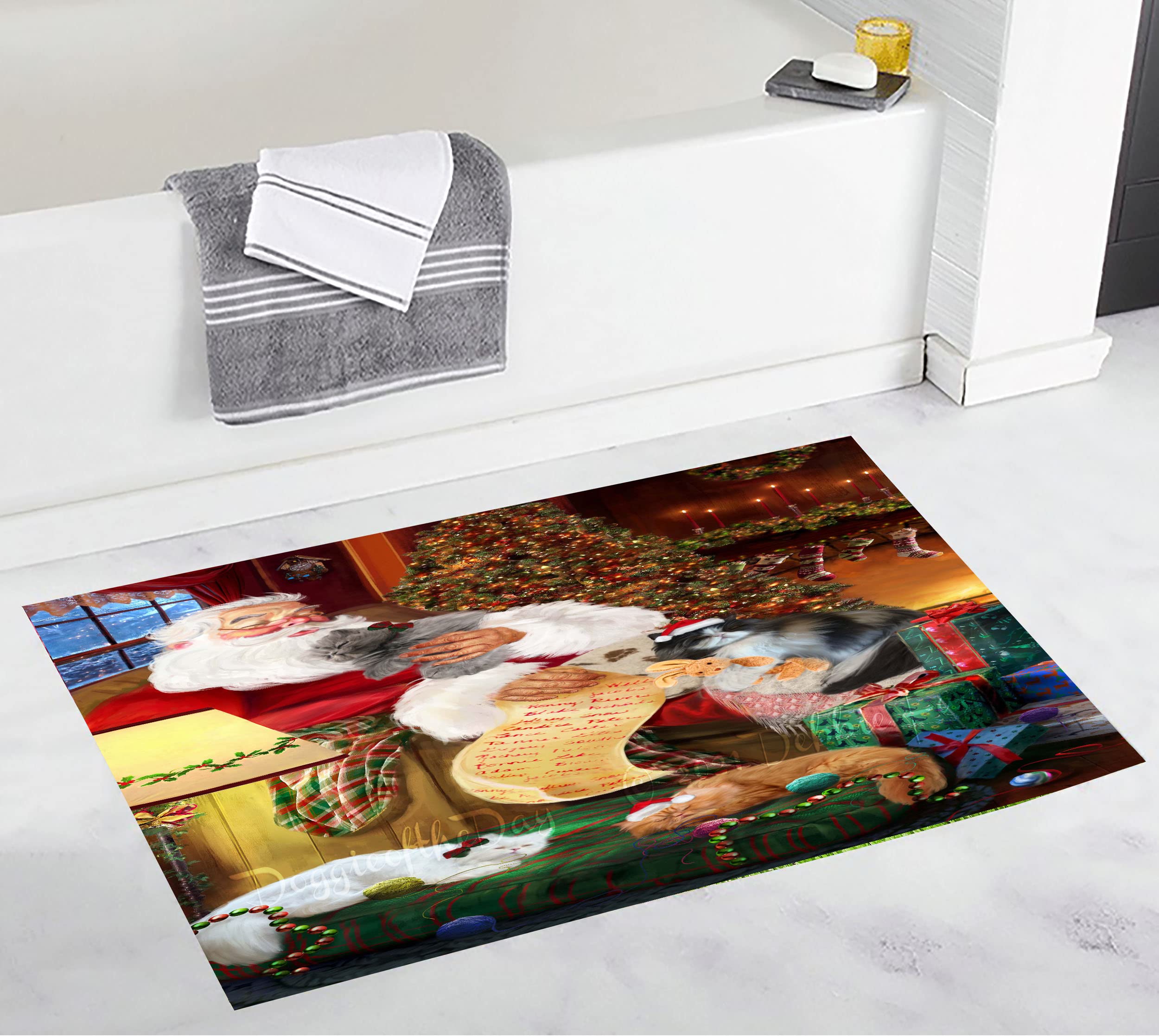Christmas Santa Sleeping with Persian Cats Bath Mat - Anti-Slip Pet Bathroom Rug, Soft Absorbent Plush Mat for Dogs & Cats - Unique Pet Portrait Washable Bath Mat, Premium Quality 20