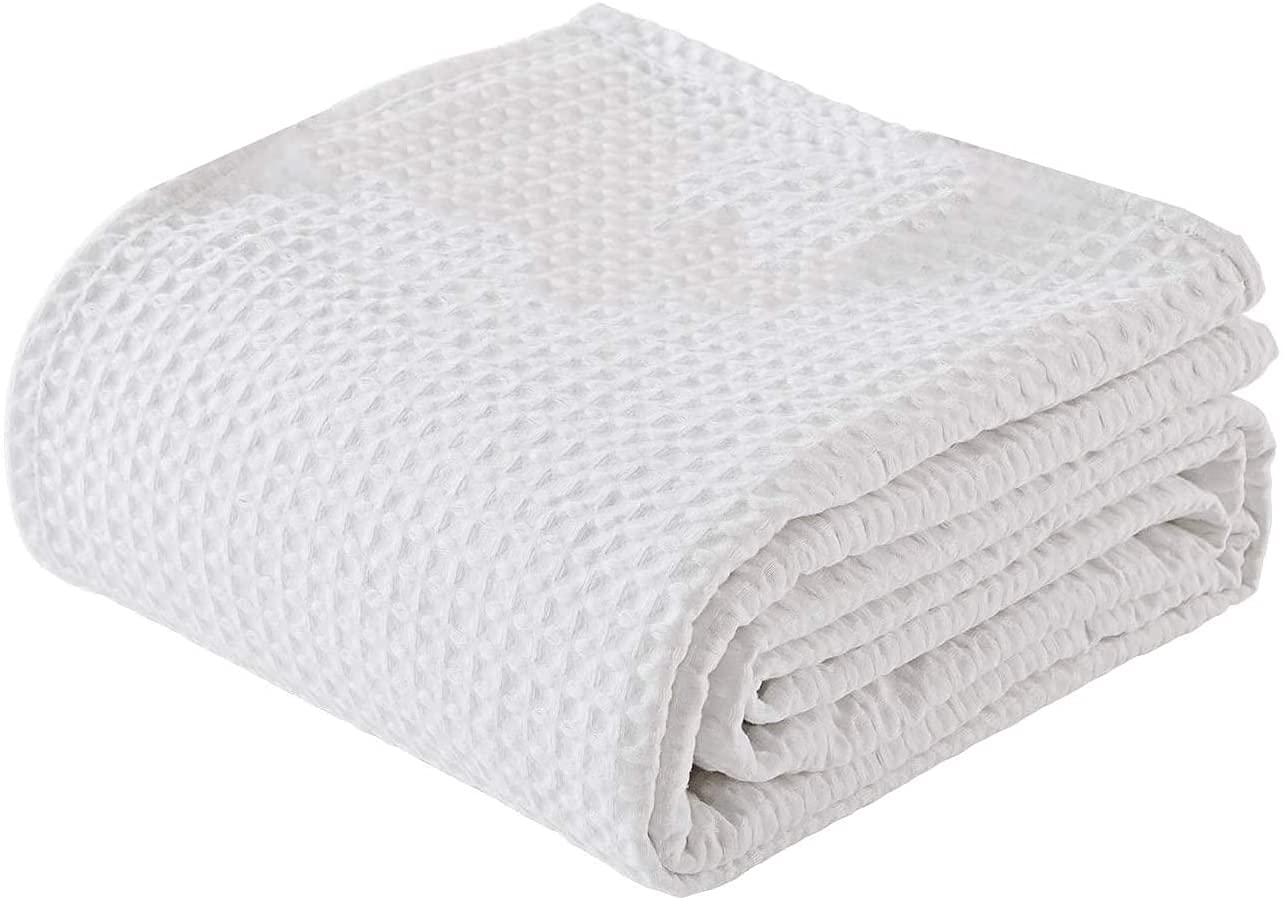 Premium Double Size Waffle Blanket - 100% Cotton Waffle Weave Blanket for Queen/Full Bed (80x90 Inches) - All-Season Thermal Throw Blanket - Soft Lightweight Breathable Bedding - Perfect for Bedroom, Sofa, Dorm & Travel - White
