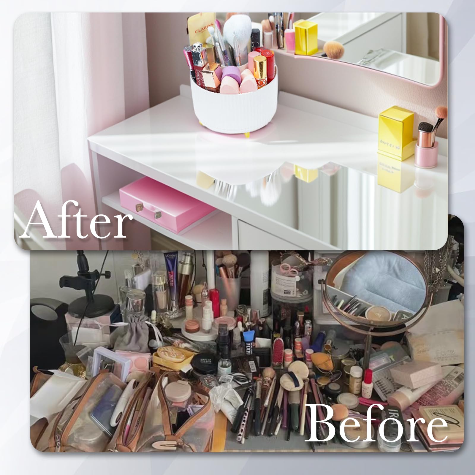 360° Rotating Makeup Organizer - White Lazy Susan Cosmetic Storage Desk Organizer with Brush Holder for Eyeshadow, Lipstick & Pens | Perfect for Vanity, Bathroom & Office Organization