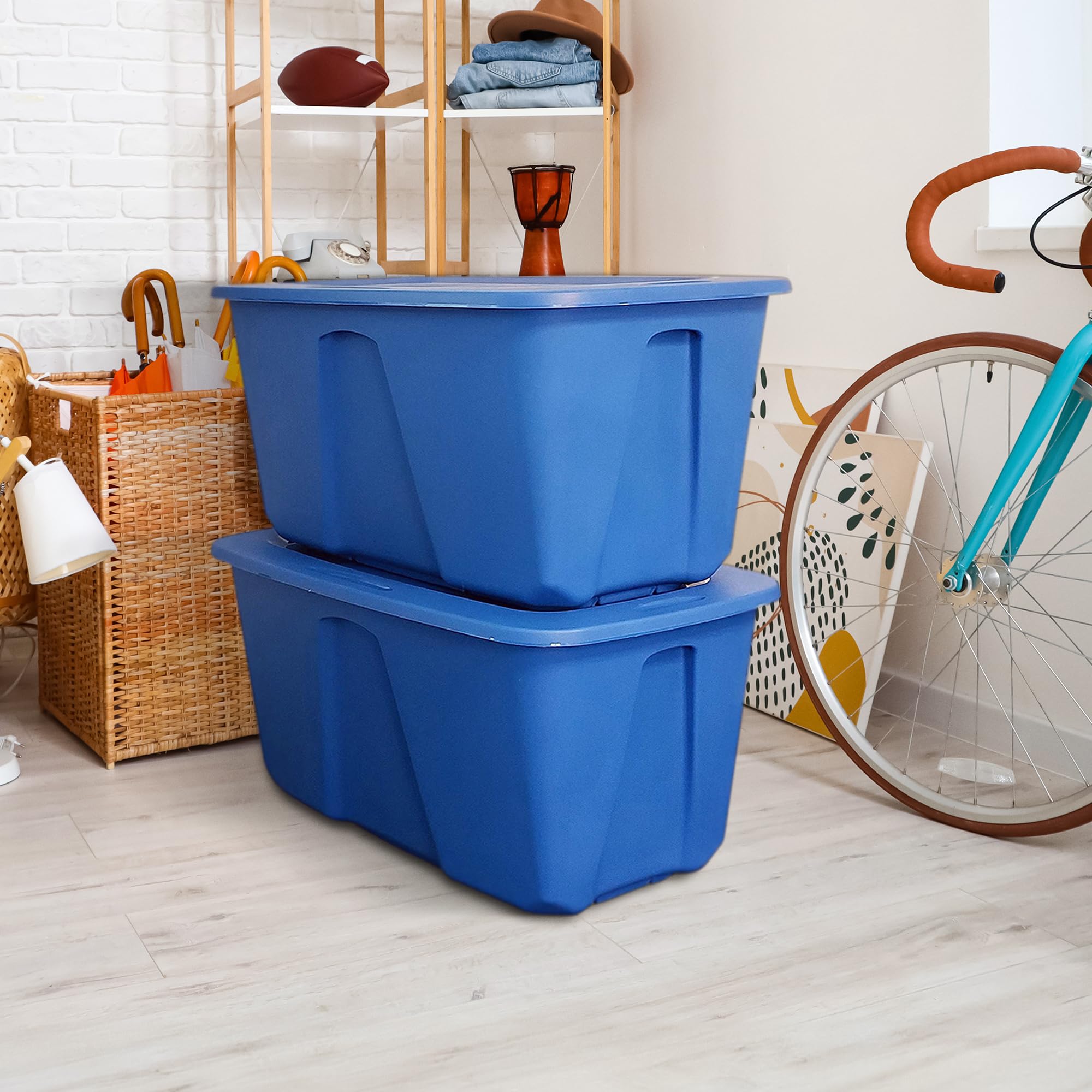 HOMZ 2-Pack Heavy Duty Plastic Storage Bins - 32 Gallon Organizing Containers for Home, Garage & Closet - Durable Stackable Blue Bins for Clothes, Toys & Seasonal Items Storage
