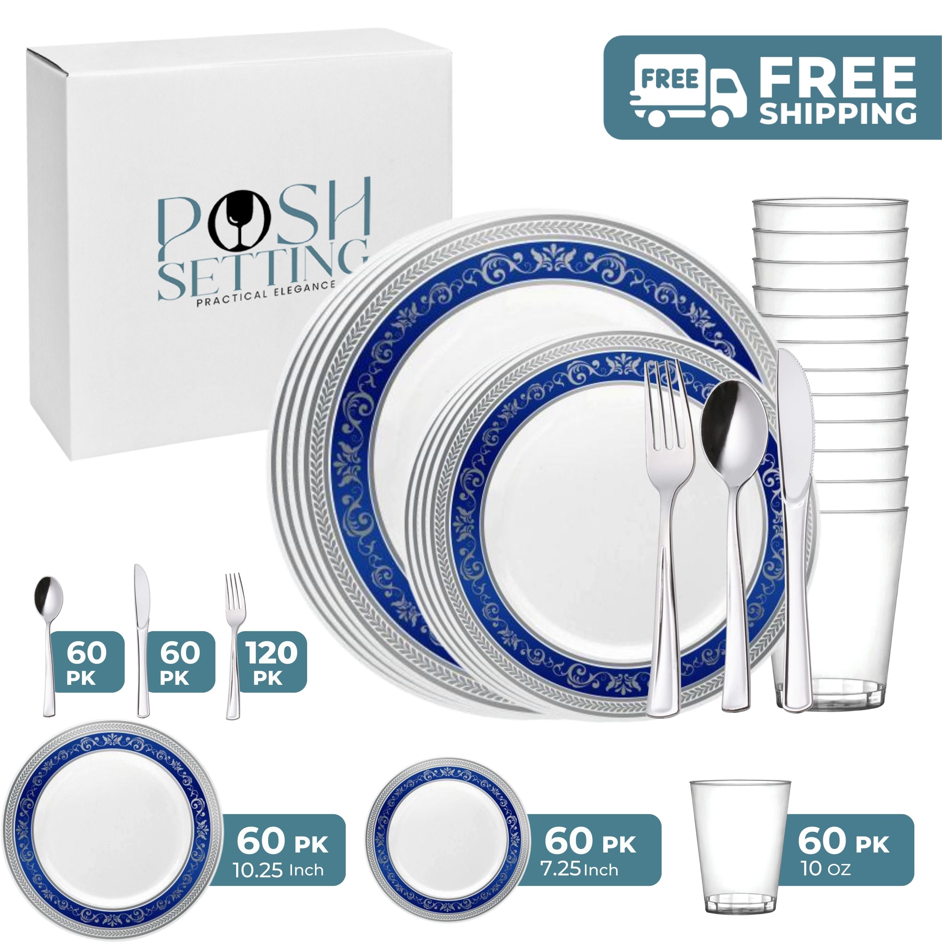 Royal White & Silver/Blue Plastic Party Bundle - Elegant Disposable Tableware Set for Birthdays, Weddings & Celebrations - Perfect for Themed Parties & Events