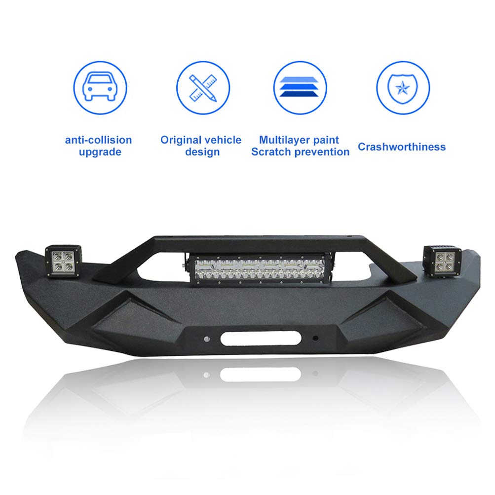 ECCPP Black Front Bumper with LED Strip Light Compatible with 2007-2018 Jeep Wrangler JK - Off-Road Adventure & Night Driving Upgrade